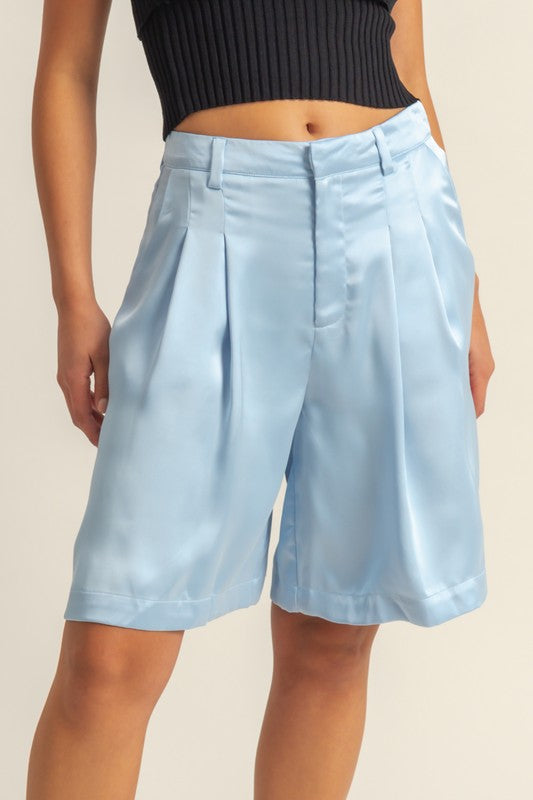 High Waist Pleated Satin Resort Shorts for Women - Comfortable Summer Vacation Shorts with Elastic Waistband - Perfect for Beach, Poolside, and Tropical Getaways