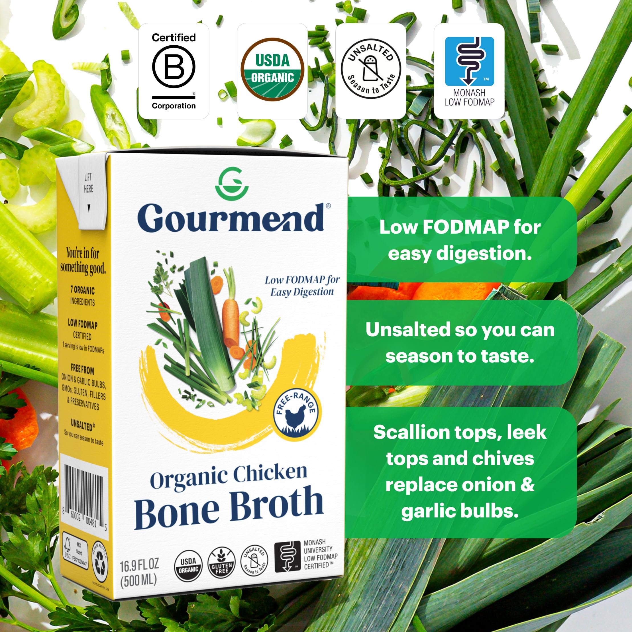 Organic Unsalted Chicken Bone Broth 16.9oz (12 Pack) – 7 Simple Ingredients, Low FODMAP Certified, Gluten Free, No Fillers, No Onion or Garlic – Perfect for Keto, Paleo & Gut Health Diets