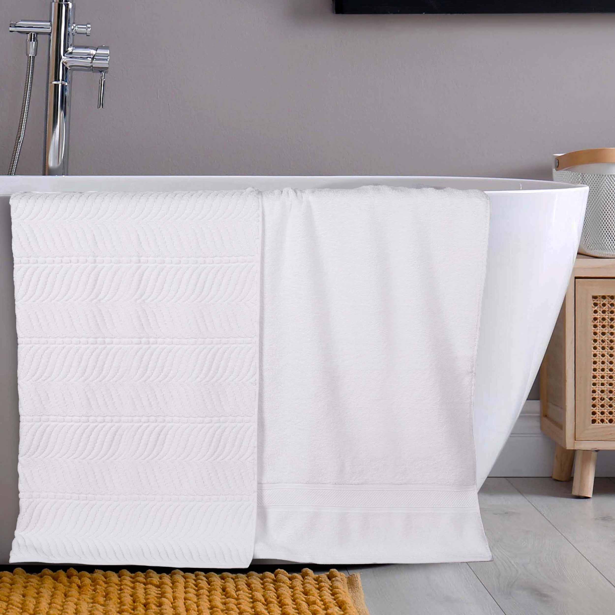 Premium Zero Twist Cotton Bath Towel Set of 2 - Ultra Soft Solid & Jacquard Chevron Design for Luxury Bathroom & Spa Experience