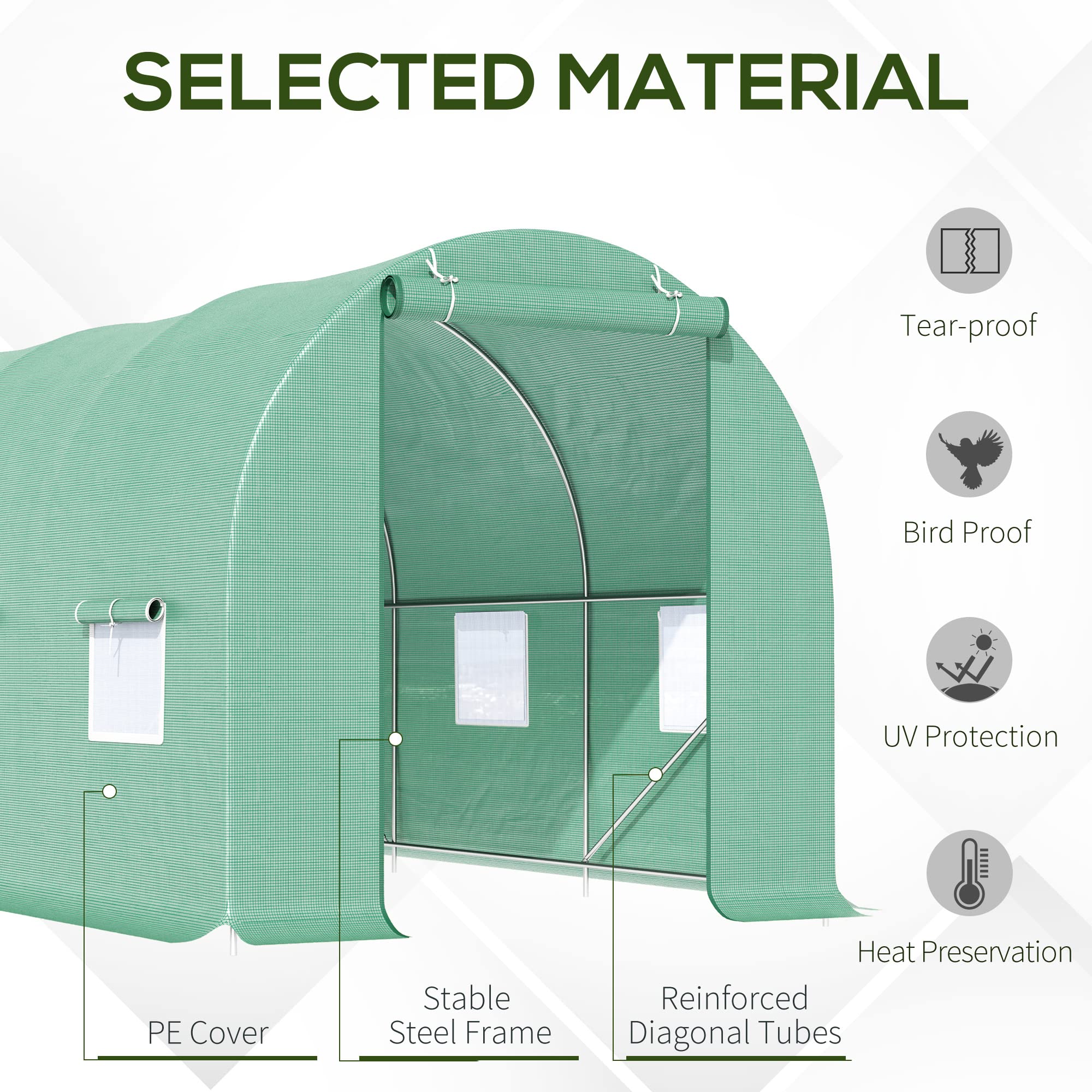 Outsunny 15' x 6' x 7' Walk-in Tunnel Greenhouse with Roll-Up Door & Windows, PE Cover Plant Growing House - Ideal for Backyard Gardening, Patio Plant Protection & Year-Round Vegetable Cultivation