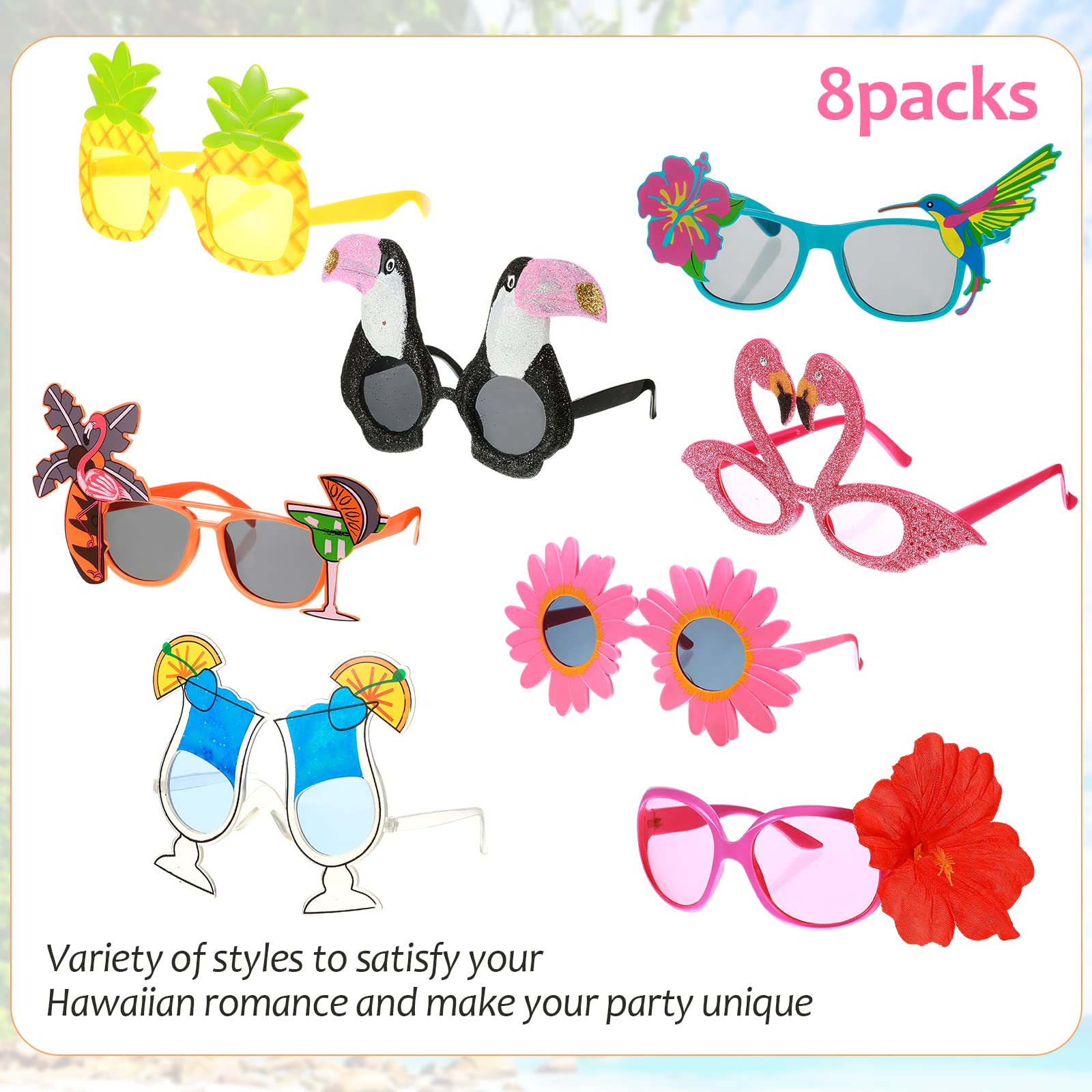 16 Pcs Hawaiian Party Decorations - Tropical Luau Sunglasses & Leis Set for Beach Themed Birthday, Summer Pool Party, and Hawaiian Luau Decorations