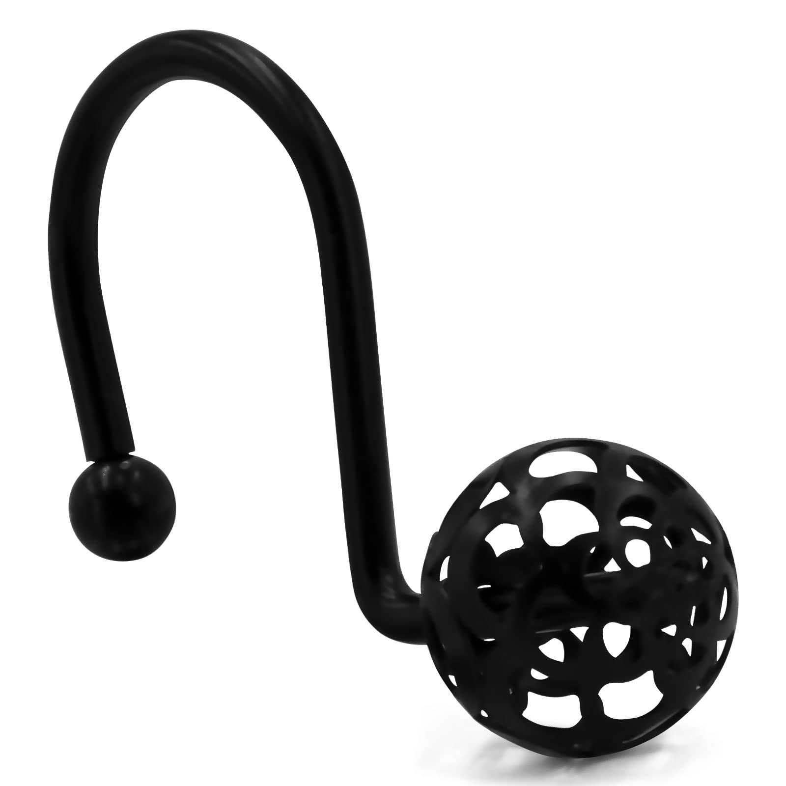 24 Pack MitoVilla Black Metal Shower Curtain Hooks - Rustproof Hollow Ball Design for Shower Curtains & Liners - Bathroom Accessories for Home, Hotel, Apartment (Perfect for Modern & Vintage Bathroom Decor)