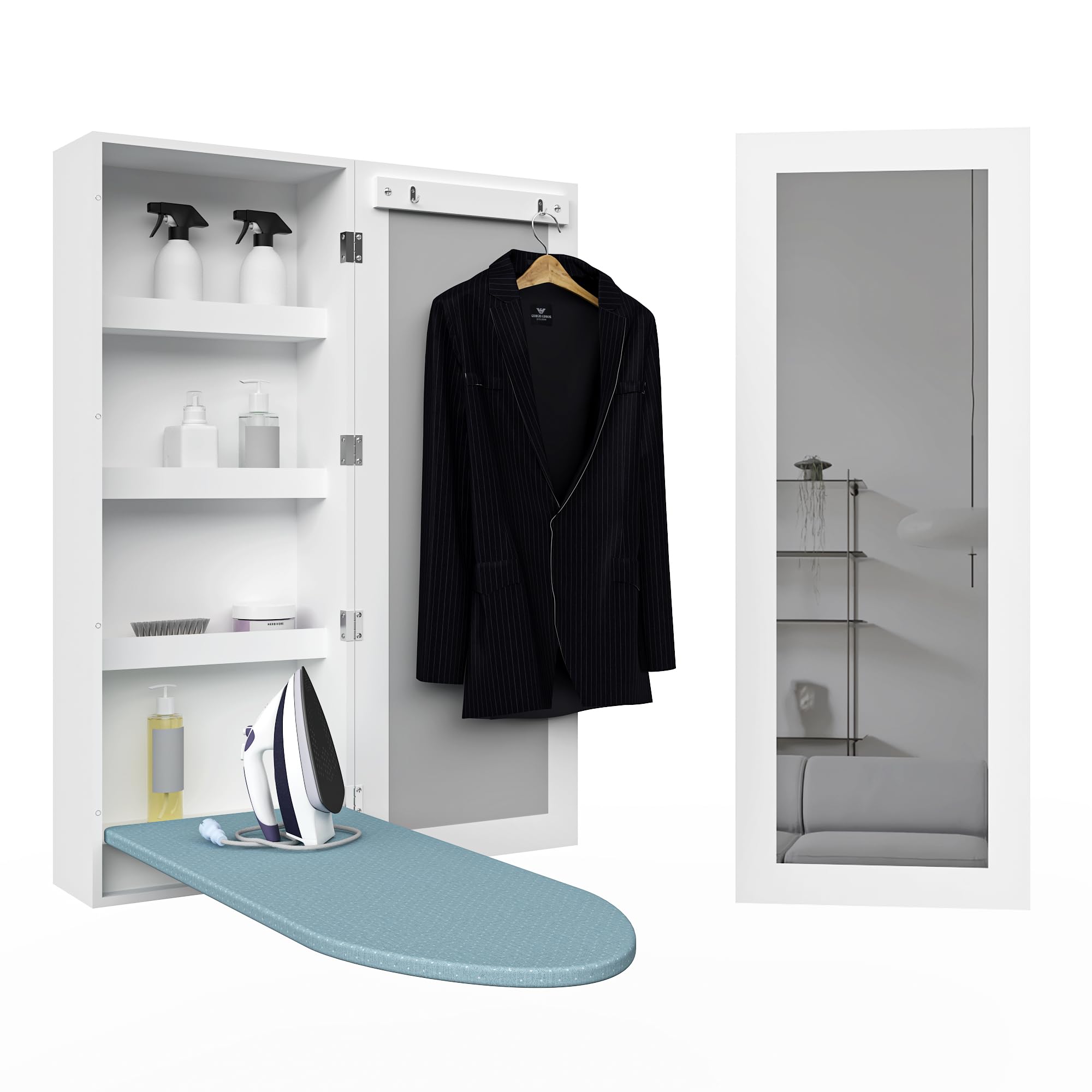 Wall Mounted Ironing Board Cabinet - Foldable Ironing Board with Storage & Mirror Door, Space Saving Laundry Room Organizer for Small Homes & Apartments (White)