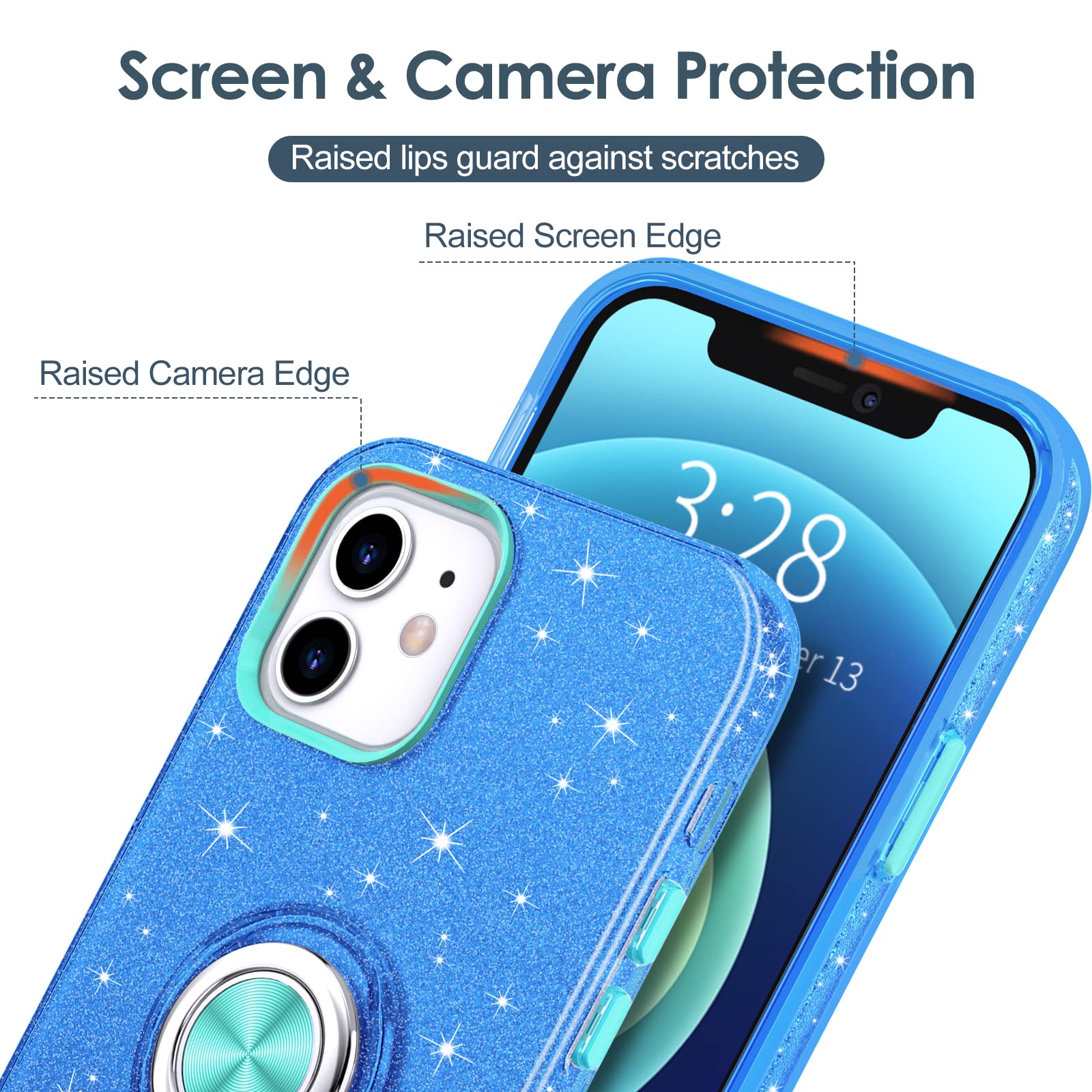 Hython iPhone 12/12 Pro Case with Magnetic Ring Stand - Sparkly Blue Protective Cover for Work & Travel