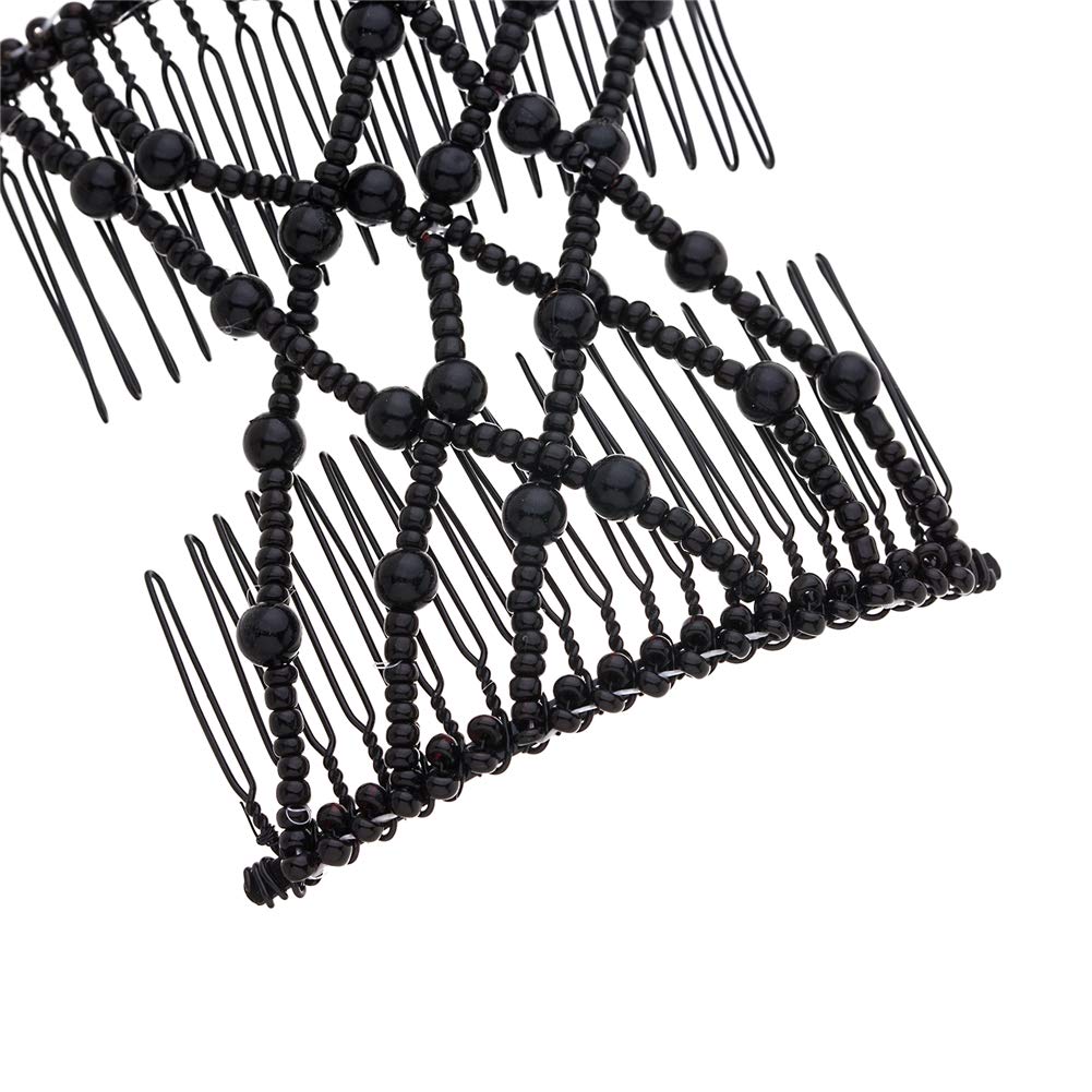 Ruihfas Easy Stretch Beaded Hair Comb - Double Stretching Combs for Women & Girls - Hair Bun Maker Styling Accessories (Black) - Perfect for Updos, Ponytails & Braids