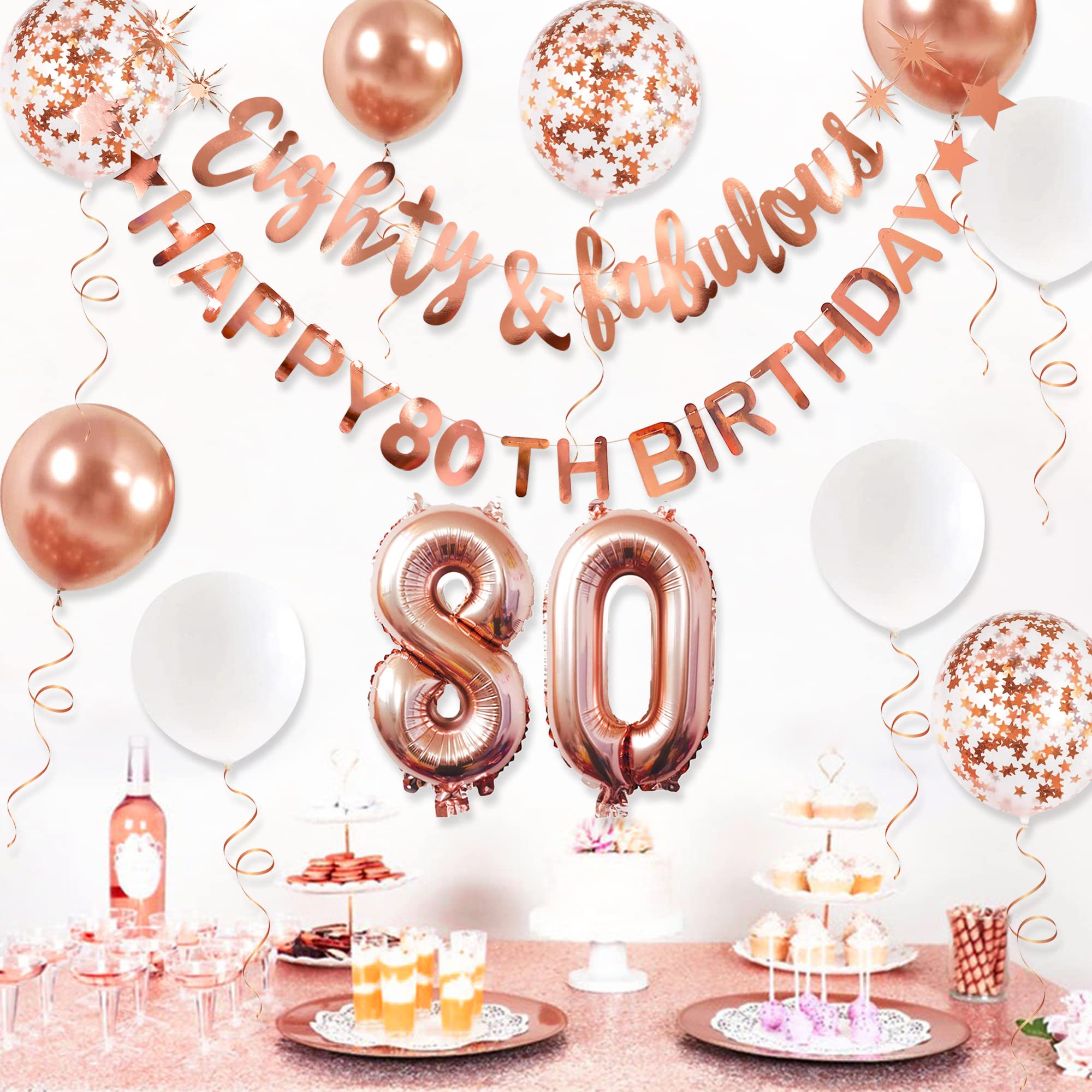 Elegant Rose Gold 80th Birthday Banner Garland & Foil Balloons Set - '80 & Fabulous' Theme Party Decor for Women - Perfect for Milestone Birthday Backdrops, Wall Hangings, and Celebration Photo Booths