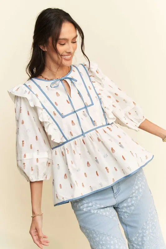Women's Denim Binding Bodice Blouse - Stylish Vintage-Inspired Top for Casual Wear & Date Nights