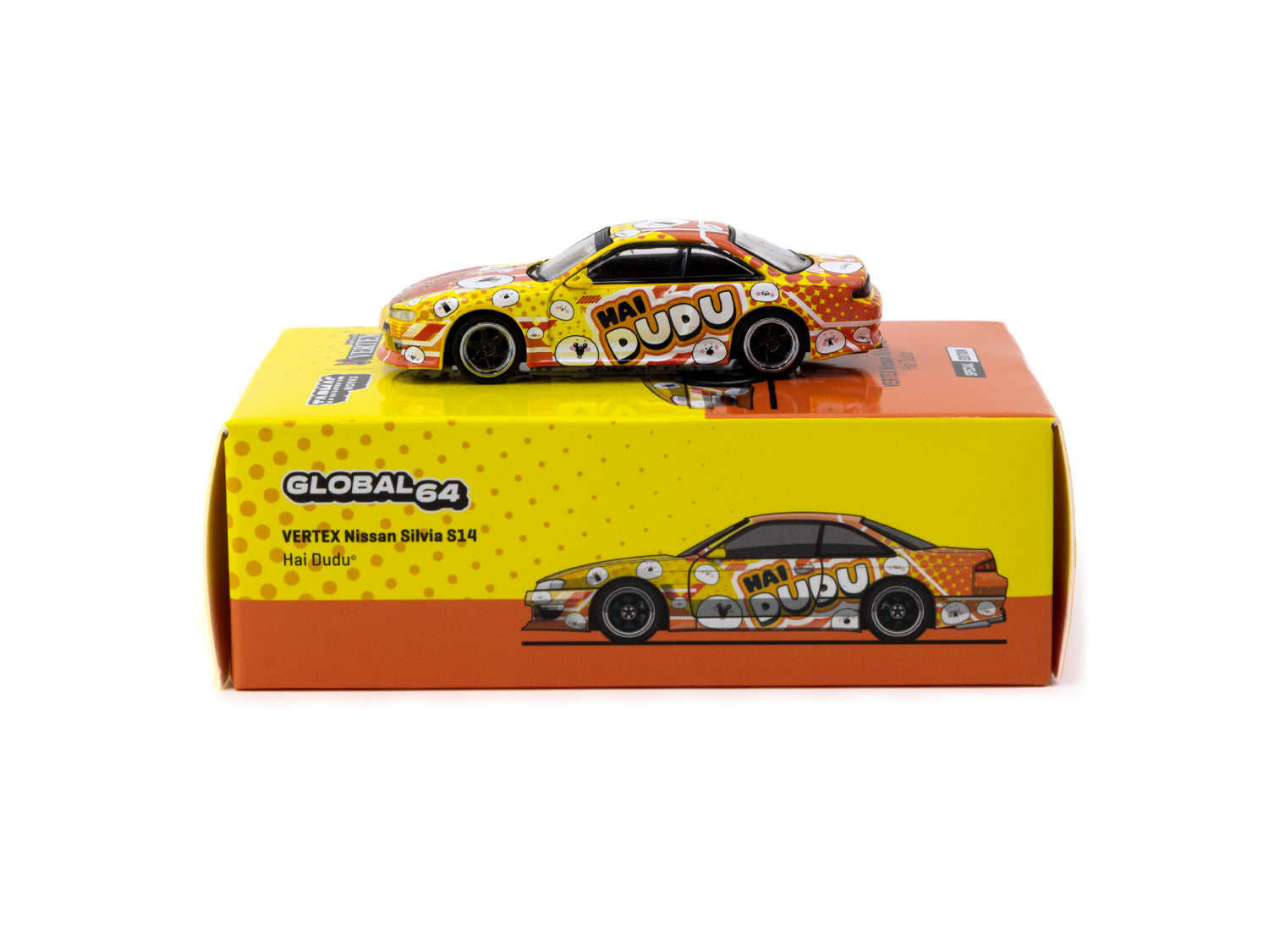 Tarmac Works 1/64 Scale VERTEX Nissan Silvia S14 Hai Dudu IMX Special Edition Diecast Model Car - Perfect for Collectors, Display, and Racing Scenes