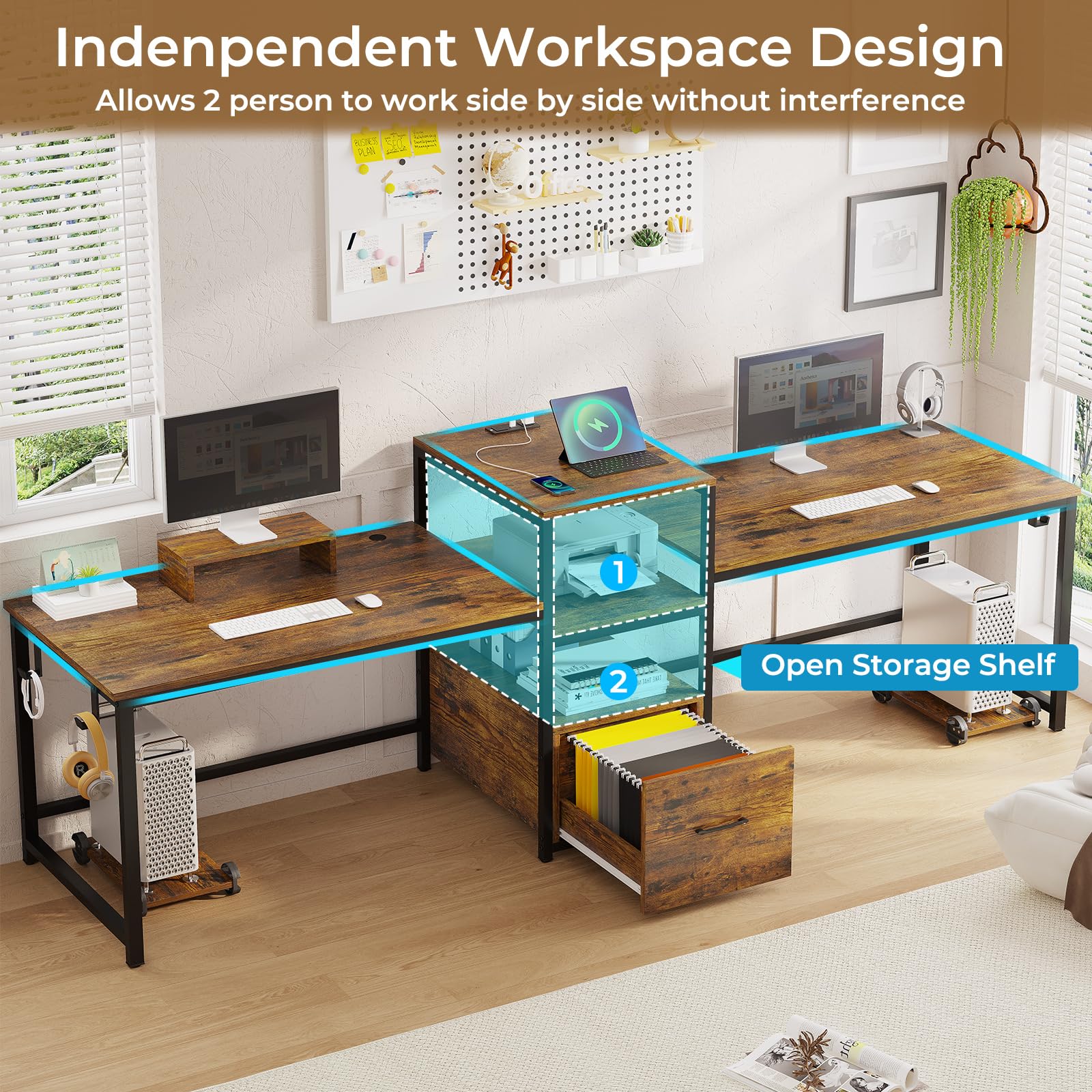 SEDETA 98 Inch Large Home Office Desk for 2 People - Rustic Brown Computer Desk with Storage Drawer, USB Power Strip, Printer Shelf & Monitor Stand - Perfect for Shared Workspace, Gaming Setup or Study Room