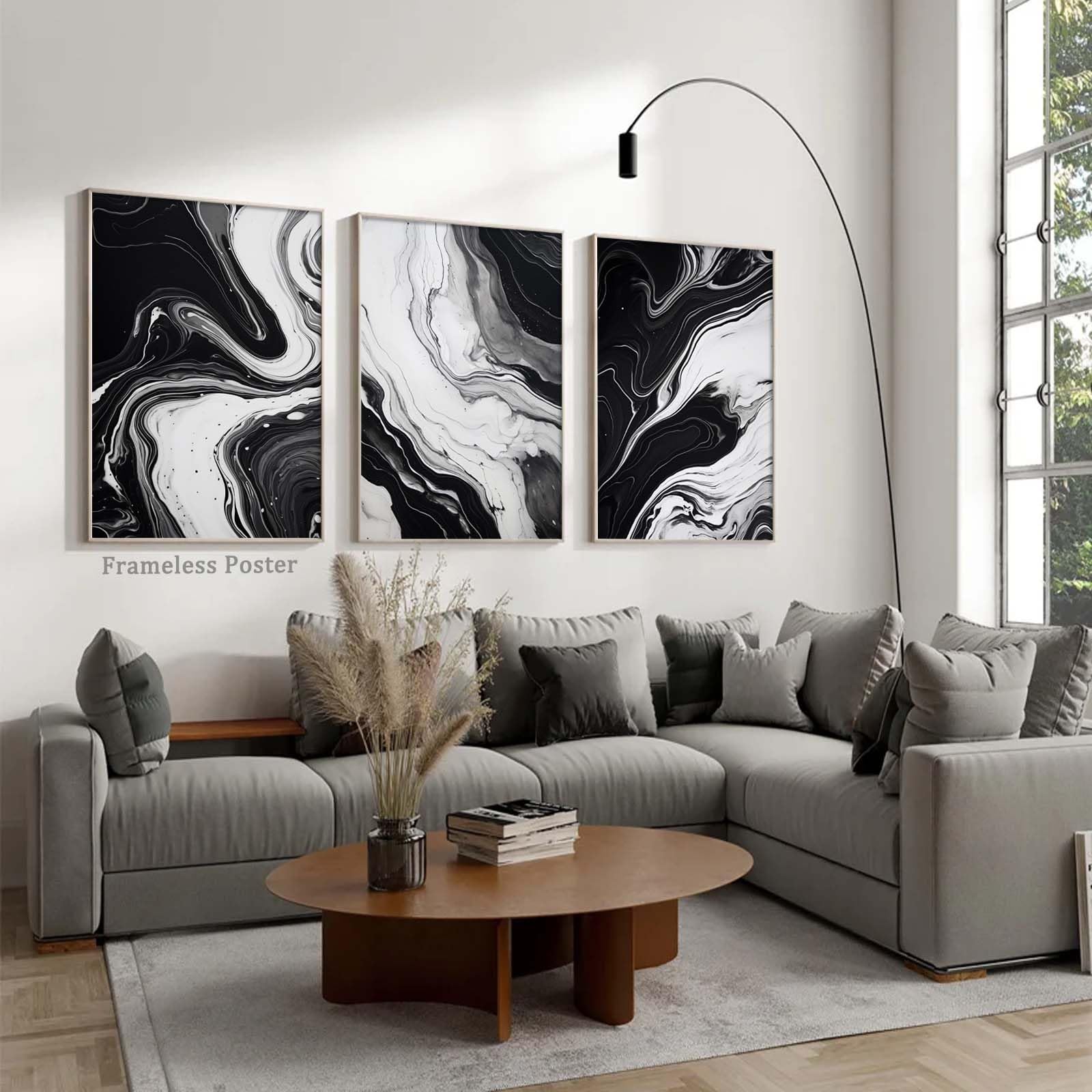 Abstract Black White Gray Marble Canvas Wall Art Set of 3 - 16x24 Inch Modern Painting for Living Room & Bedroom Decor - Frameless Marble Poster for Contemporary Home & Office Interior Design
