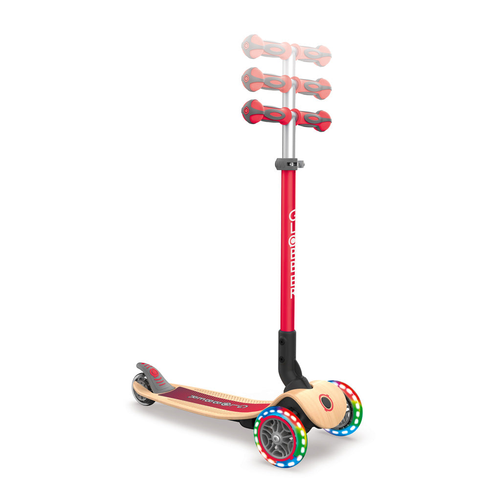 Globber 3 Wheel Primo Foldable Wooden Scooter with LED Lights - Perfect for Kids Outdoor Play, Commuting & Neighborhood Rides