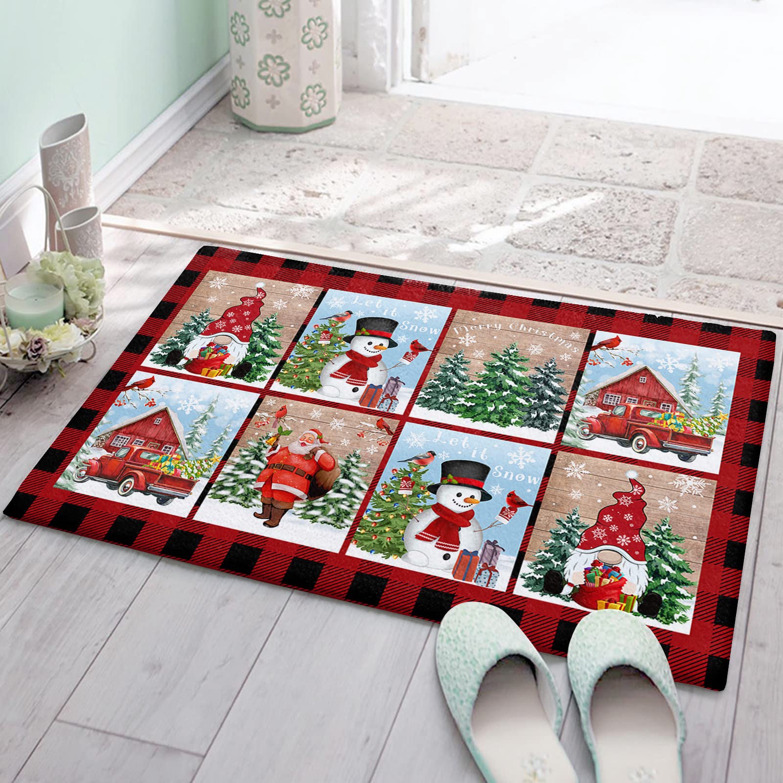 Christmas Gnome Santa Claus Snowman Buffalo Check Bathroom Rug - Non-Slip Water Absorbent Soft Plush Shaggy Bath Mat for Shower, Bedroom & Bathtub (24