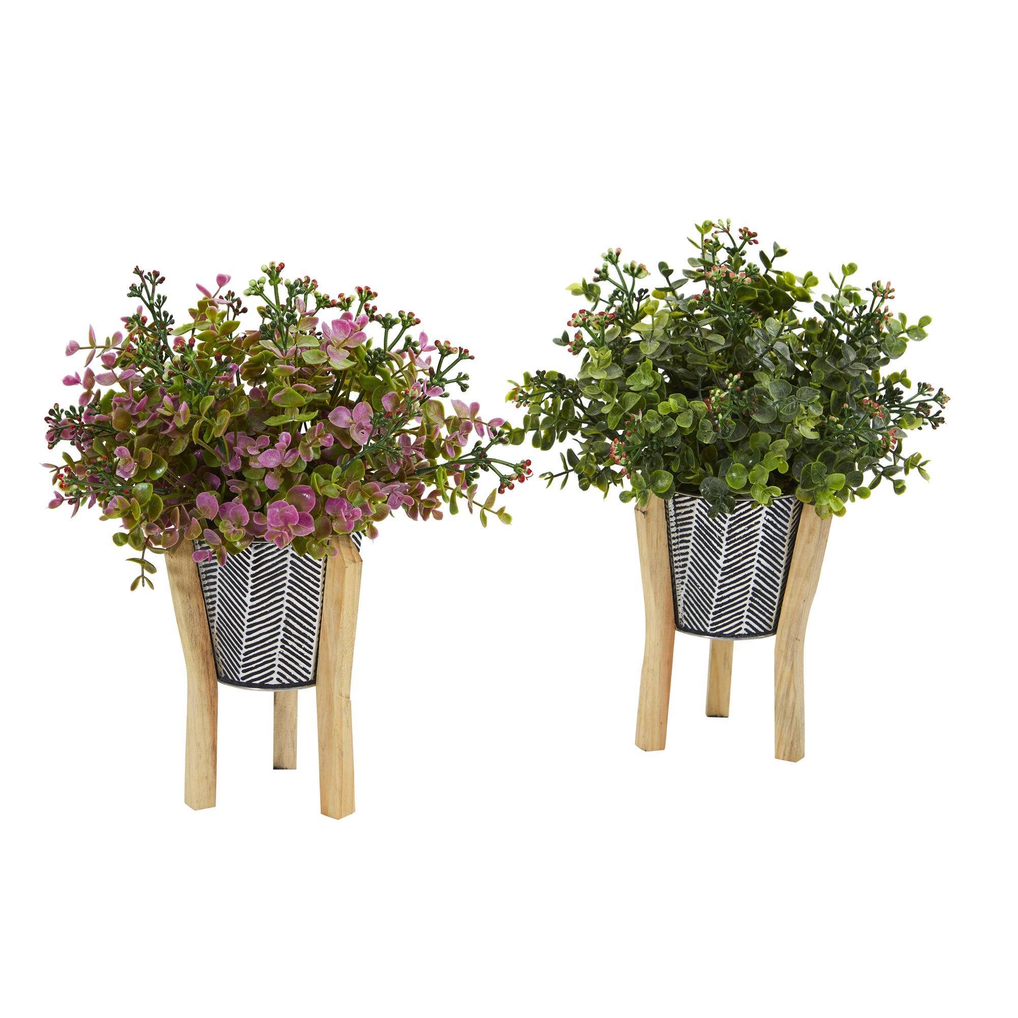 13 Inch Eucalyptus and Sedum Artificial Plant in Tin Planter with Legs - Set of 2 | Home Office Decor, Shelf Styling, Indoor Greenery