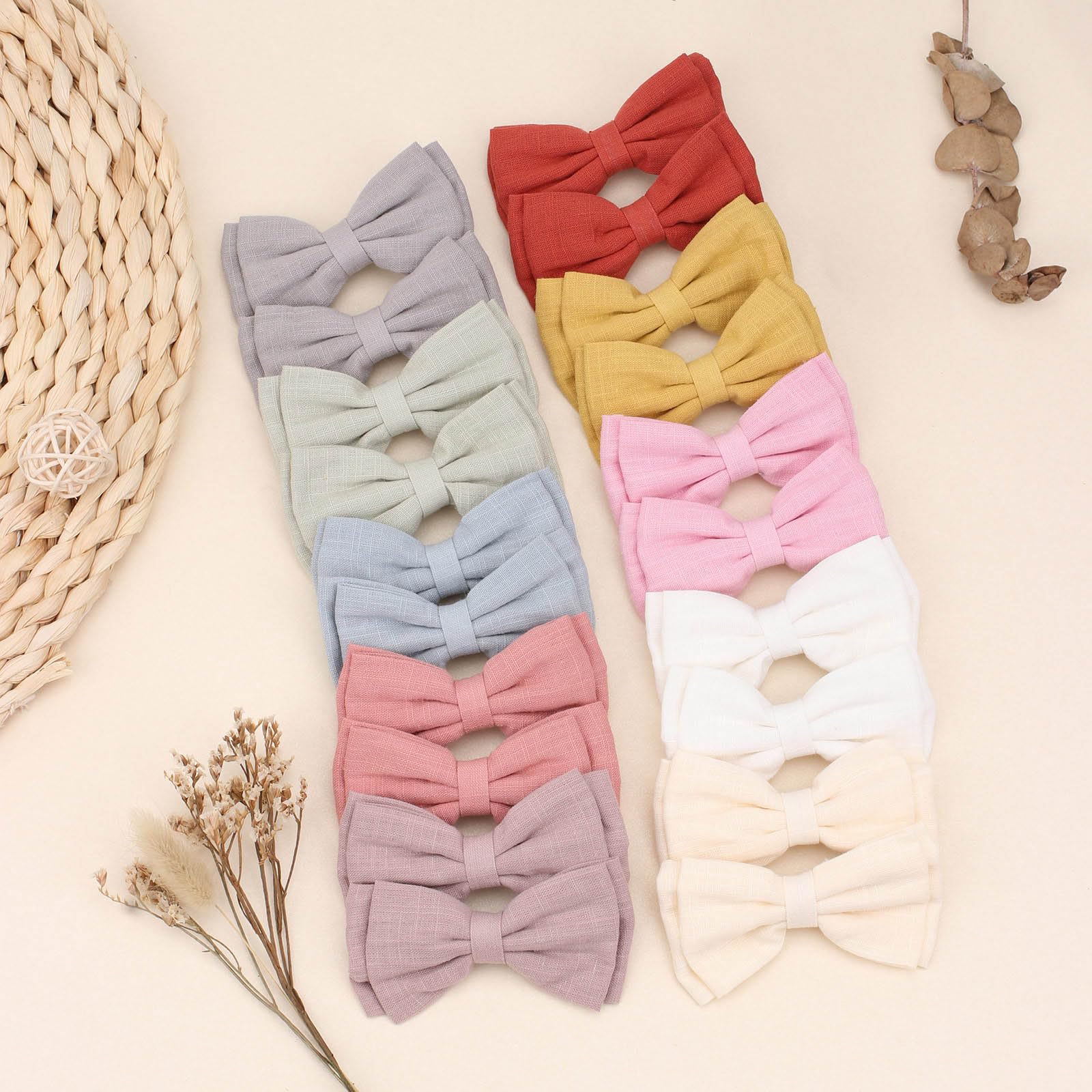 OAOLEER 20Pcs 3.5 Inch Neutral Linen Hair Bows Clips for Baby Girls - Double Bun Ponytail Bow Hair Barrettes for Infants, Toddlers & Kids (Linen Bows-B) | Perfect for Birthday Parties, Photo Shoots & Daily Outfits