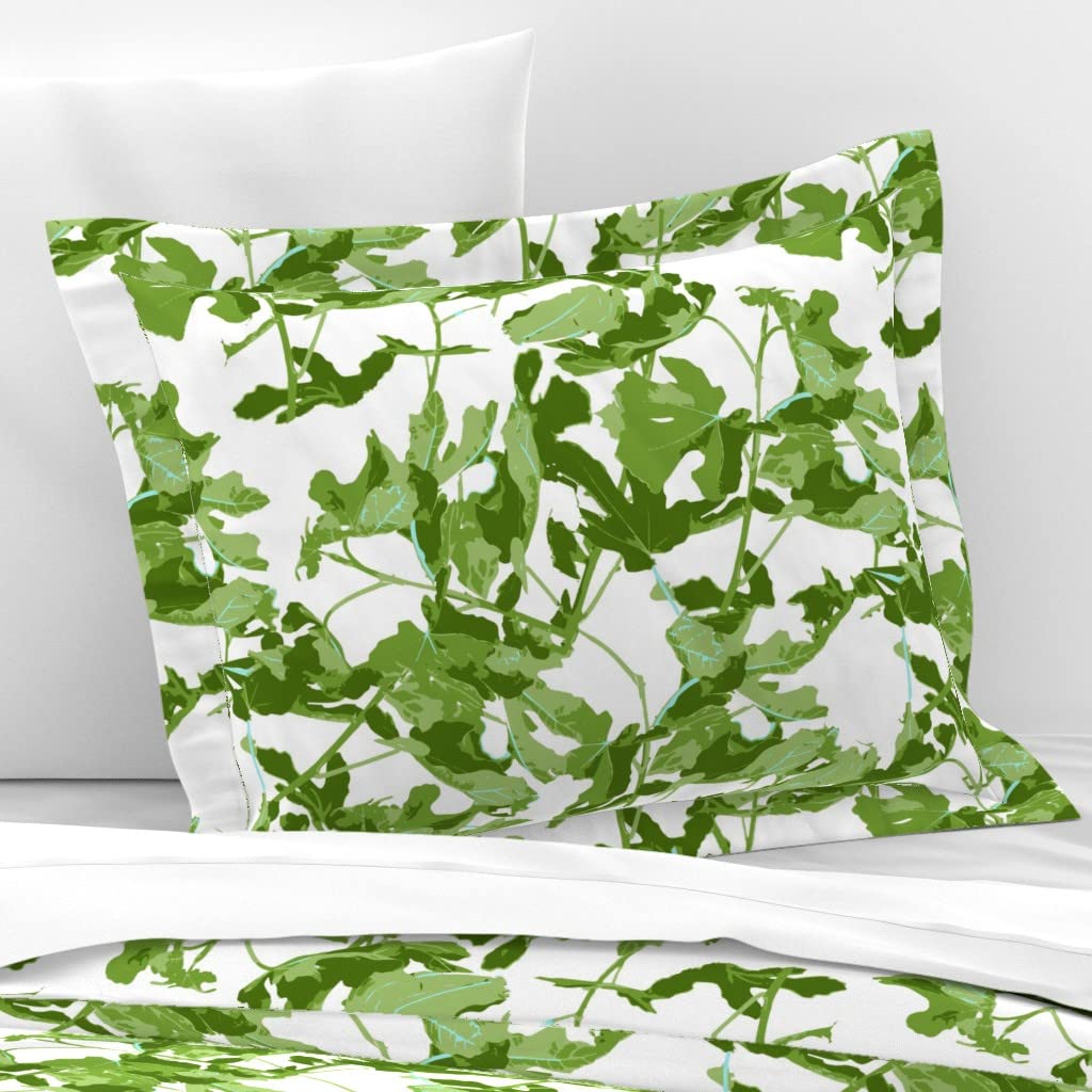 Premium Spoonflower Cotton Sateen Flanged Edge Sham - Standard Size with Modern Fig Leaf & Monstera Plant Print in Green & White | Custom Bedding for Master Bedroom, Guest Room & Nursery Decor