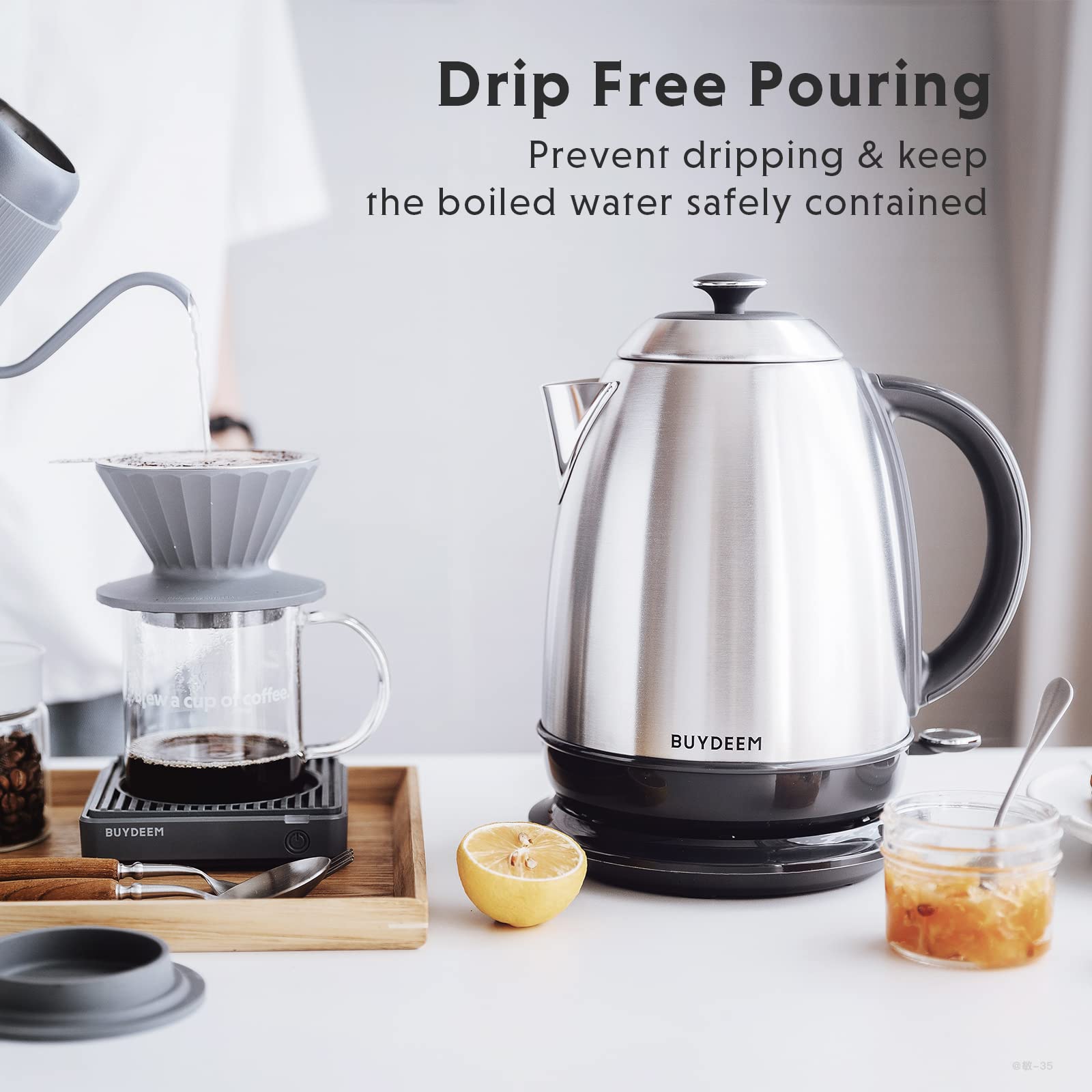 BUYDEEM K640 1.7L Stainless Steel Electric Tea Kettle - Auto Shut-Off, Boil Dry Protection, 1440W Fast Heating, Cordless with Swivel Base, Retro Silver - Perfect for Home, Office & Tea Lovers