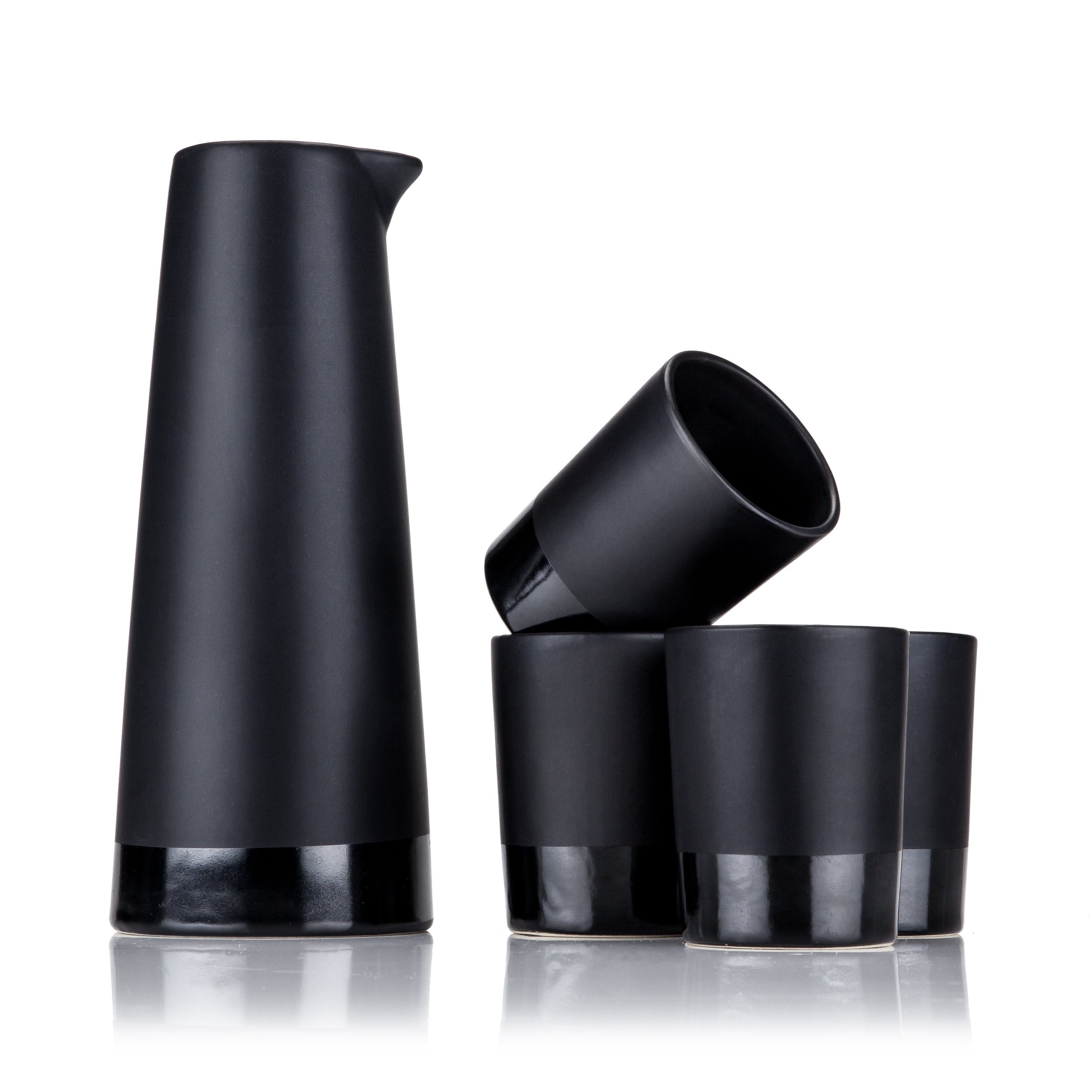 Premium 5-Piece Black Stoneware Sake Set - Traditional Japanese Ceramic Drinking Cups & Carafe for Sushi Dinner, Asian Cuisine & Home Entertaining