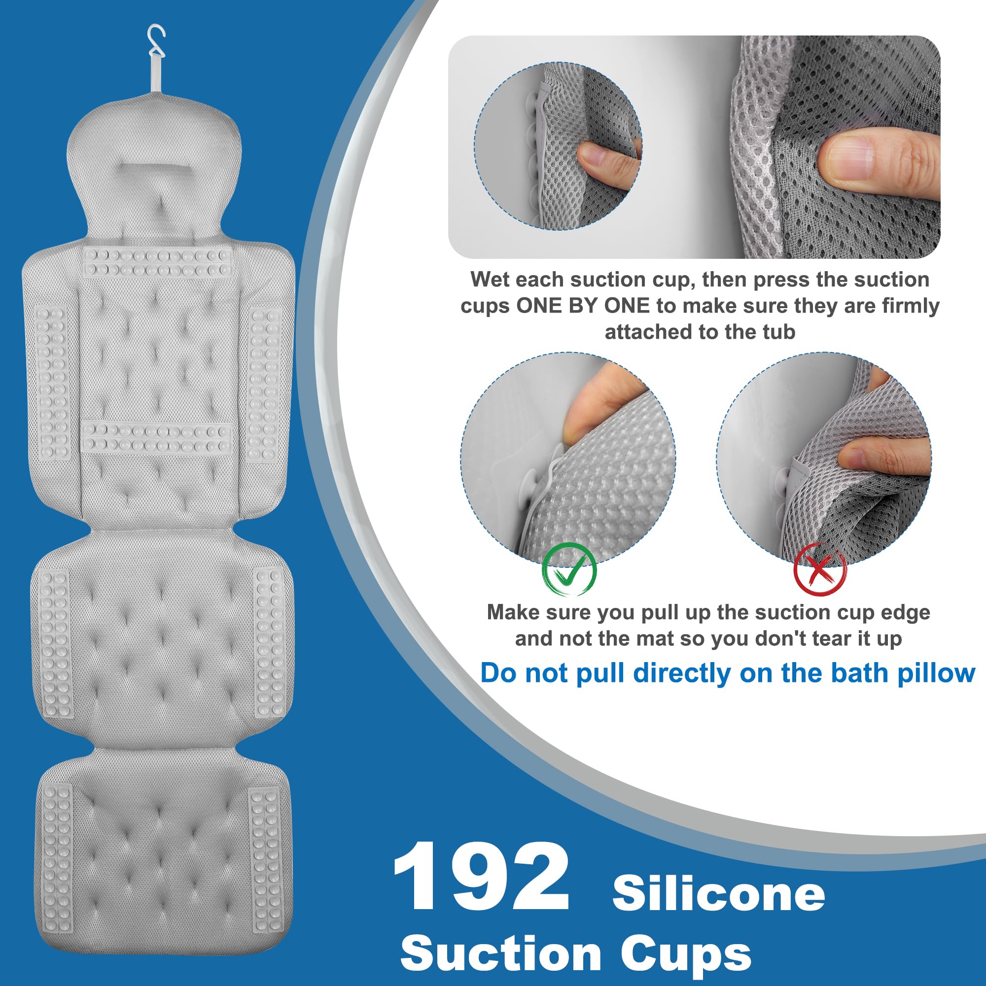 Luxury Full Body Bath Pillow with 192 Suction Cups - Head and Neck Support for Bathtub - Includes Laundry Bag (Deepsea Gray, 51