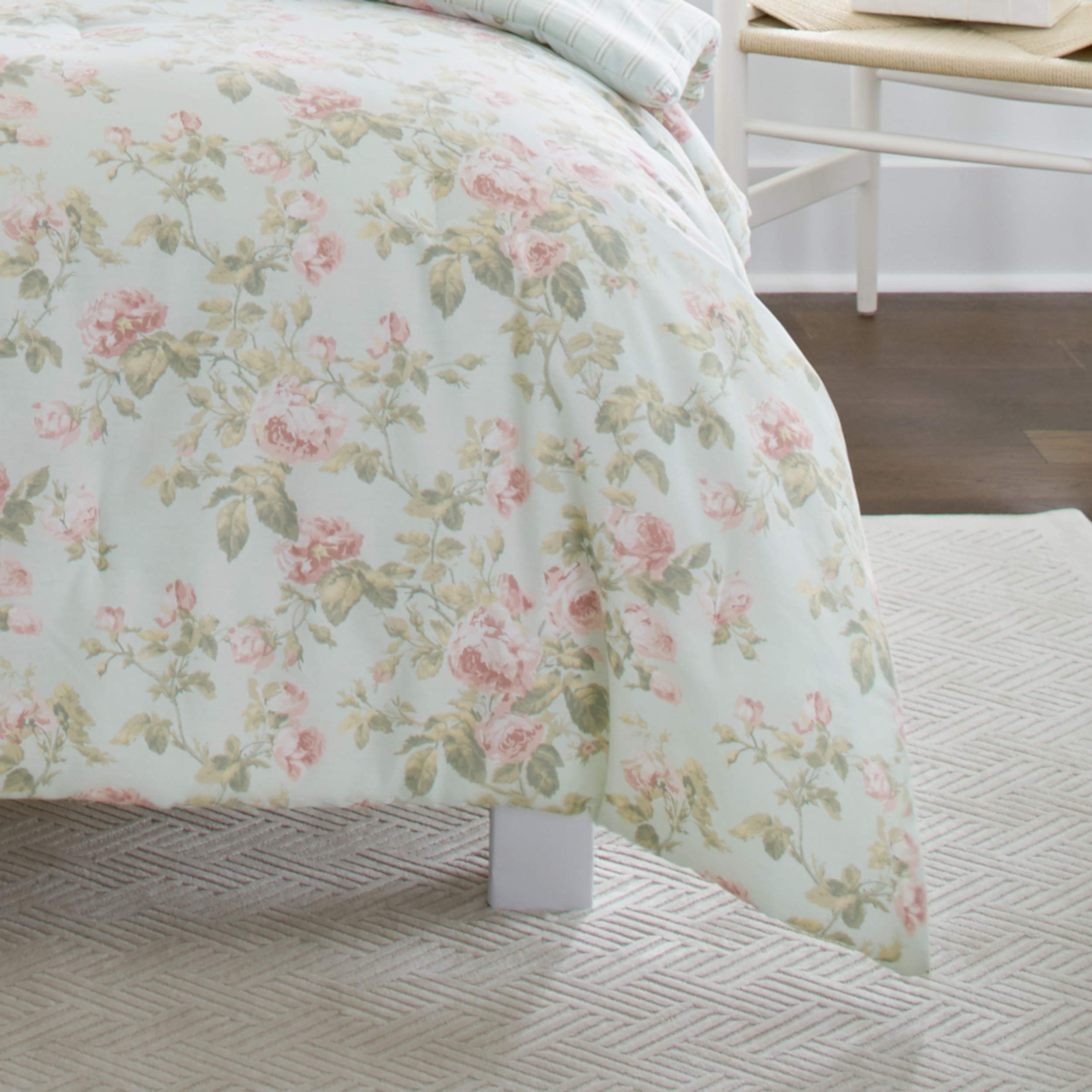 Laura Ashley Home - Queen Comforter Set, Reversible 100% Cotton Bedding, Includes Matching Shams with Bonus Euro Shams & Throw Pillows (Madelynn Pastel Blue, Queen) - Luxury Bedroom Decor for Master Suite, Guest Room & Cozy Home Styling