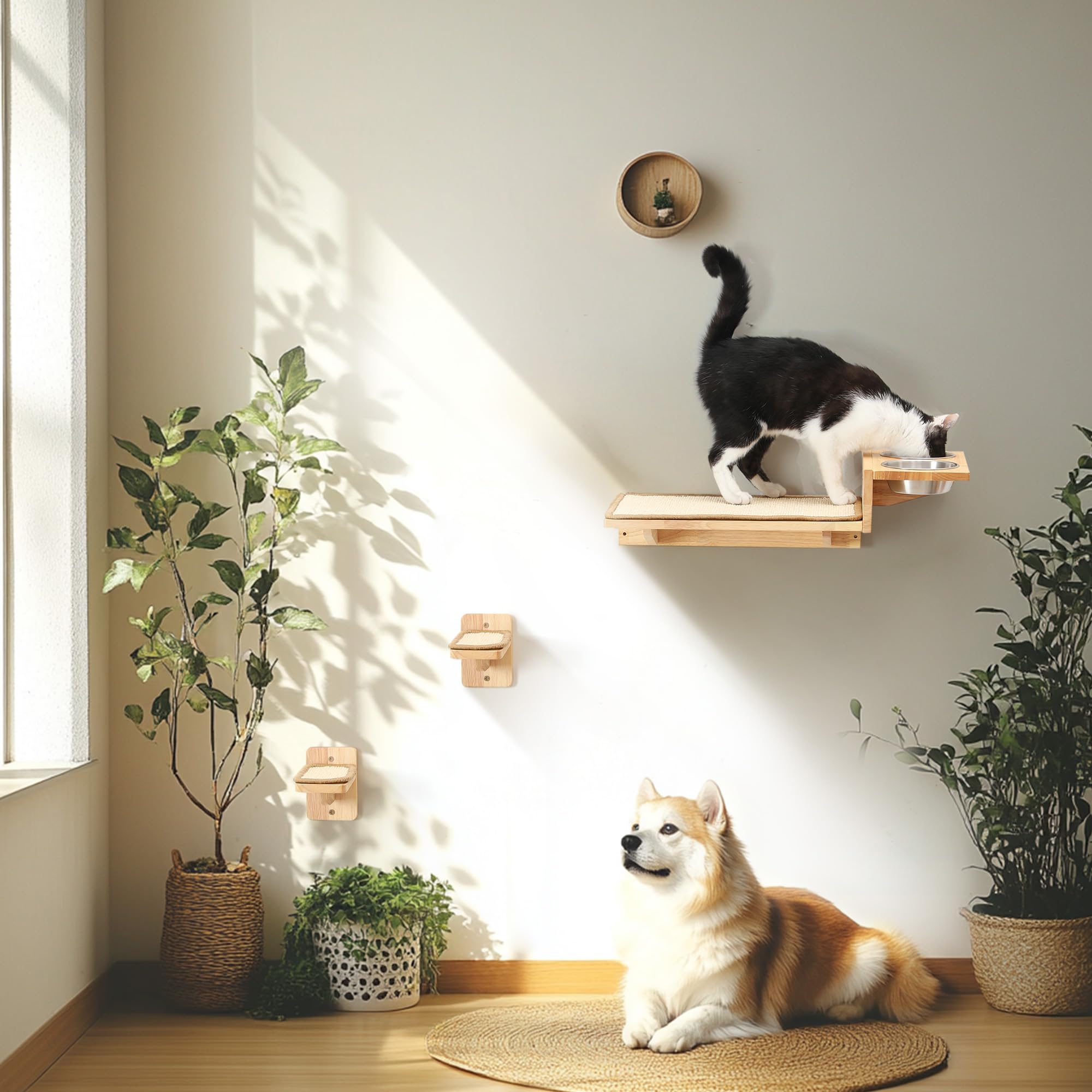 FUKUMARU 3-in-1 Cat Wall Shelves Set with Food Station & 2-Step Perch - Solid Rubber Wood Wall Mounted Cat Furniture for Kittens to Play, Nap, and Eat - Perfect for Small Spaces & Creating a DIY Cat Jungle Gym at Home