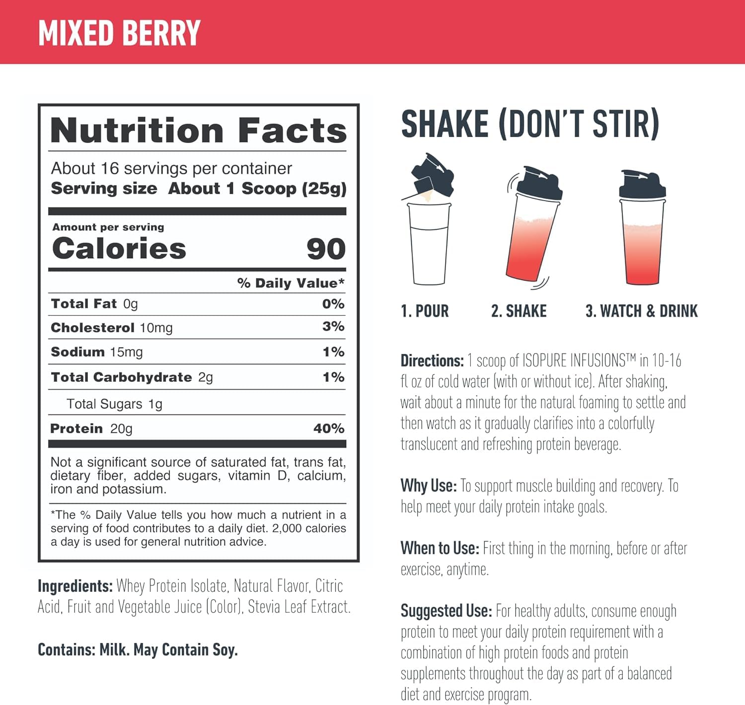 Isopure Clear Whey Isolate Protein Powder - Lactose Free, Gluten Free, Naturally Flavored Mixed Berry - 20g Protein Per Serving (14.1 Oz, 16 Servings) | Post-Workout Recovery & Healthy Lifestyle Supplement