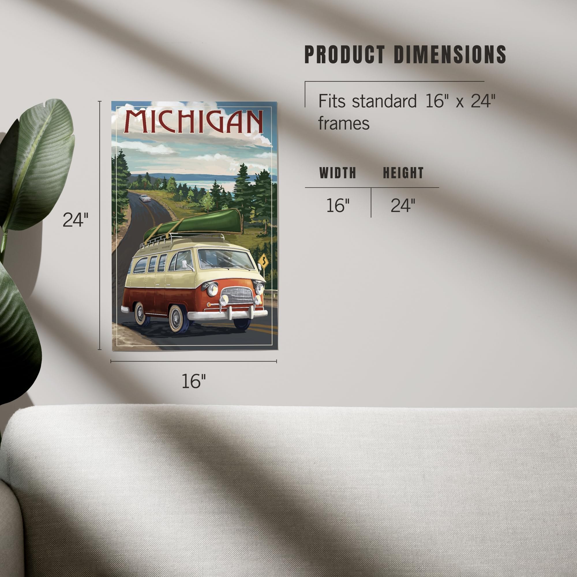 Lantern Press 16x24 Inch Giclee Print - Michigan Camper Van Wall Art - Perfect for Home Decor, Office & Cabin Aesthetic