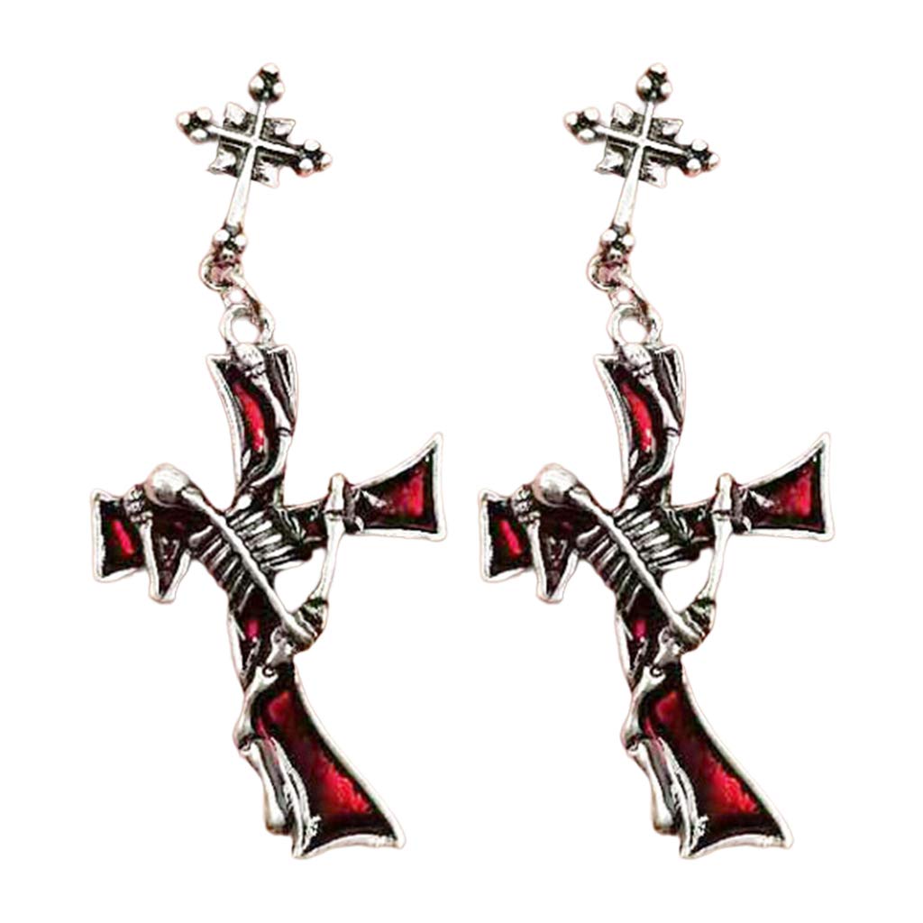 Gothic Punk Style Women's Earrings - 1 Pair Cross Pattern Metal Red Rhinestone Drop Dangle Earrings for Women | Perfect for Halloween, Cosplay, and Punk Fashion Accessories