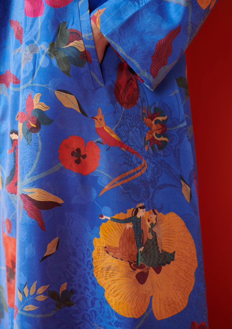 Luxury Long Silk Damask Coat in Cobalt Blue - Elegant Formal Wear for Women's Evening Events & Special Occasions