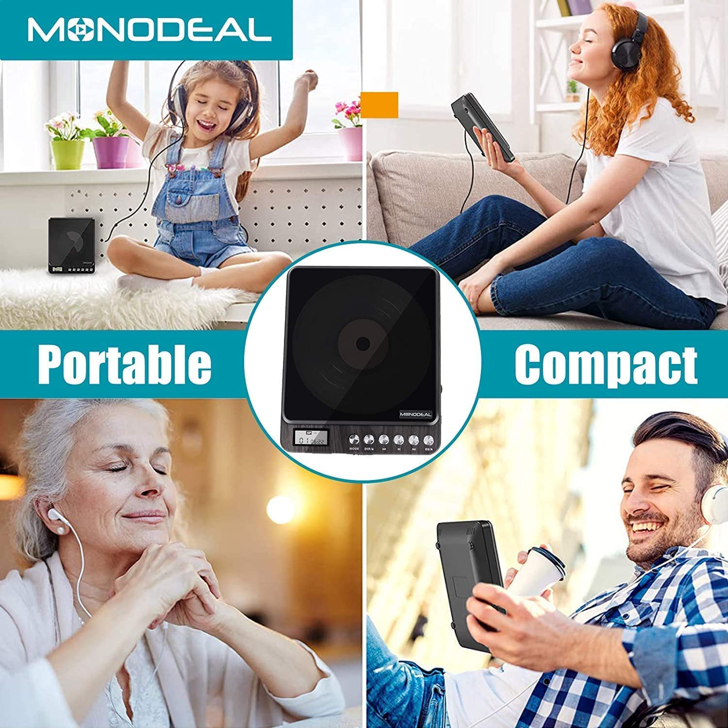 Portable CD Player with Built-in Speakers & Rechargeable Battery - Anti-Skip Shockproof Personal CD Player with Dual 3.5mm Headphone Jacks & LCD Display - Perfect for Home, Car, Travel, Workouts and Outdoor Activities