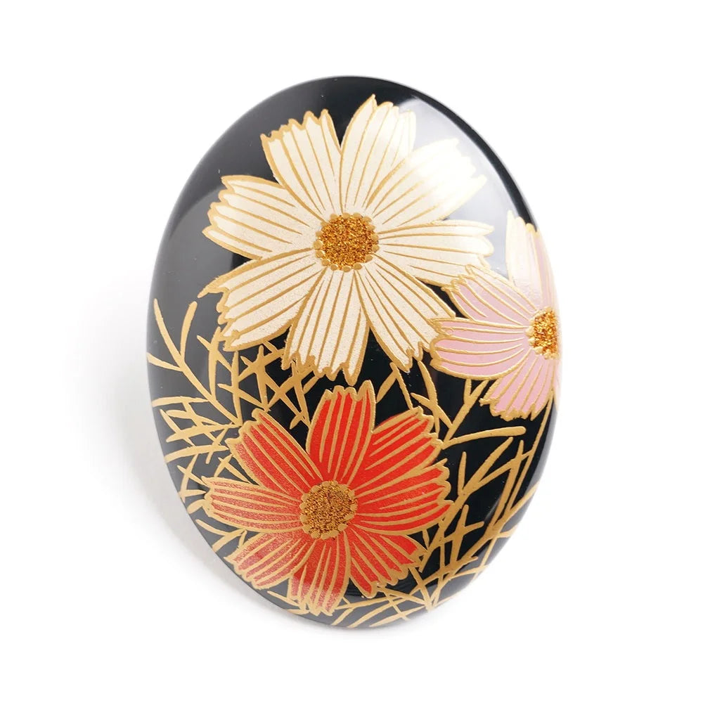 Handcrafted Maki-e Urushi Lacquer Brooch - Japanese Judas Tree & Cosmos Flower Design | Traditional Japanese Lacquer Jewelry for Women | Perfect for Kimono, Formal Wear & Special Occasions