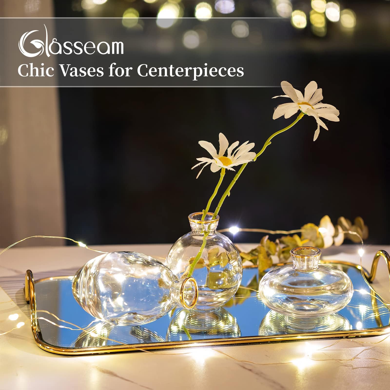 6Pcs Glass Bud Vases with Gold Rim - Modern Mini Flower Vases for Wedding Centerpieces, Table Decor, Bulk Floral Arrangements - Perfect for Home Decor, Bridal Showers & Romantic Dinner Settings