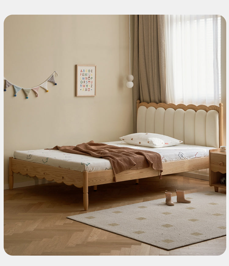 Premium Oak Solid Wood Kids Upholstered Bed with Soft Headboard - Milky White | Safe & Comfortable Toddler Bedroom Furniture for Boys & Girls | Perfect for Bedrooms, Daycare & Guest Rooms