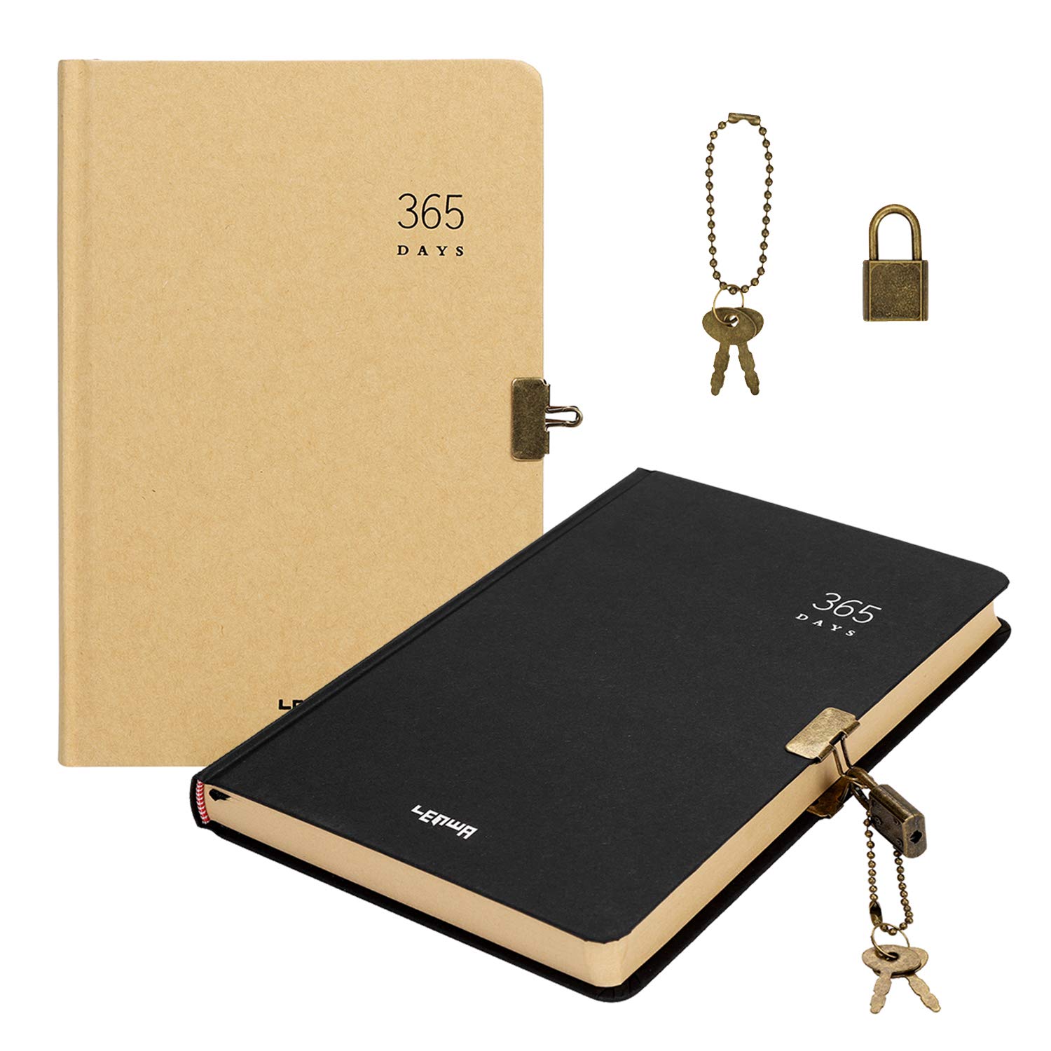 2 Pack A5 Kraft Hardcover Notebook - Lockable Diary & Sketchbook with Thick Blank Paper, Secret Writing Journal, 365 Days Planner, Vintage Travel Notepad & Scrapbook (192 Sheets) - Perfect for Journaling, Sketching, Travel Planning & Secret Notes