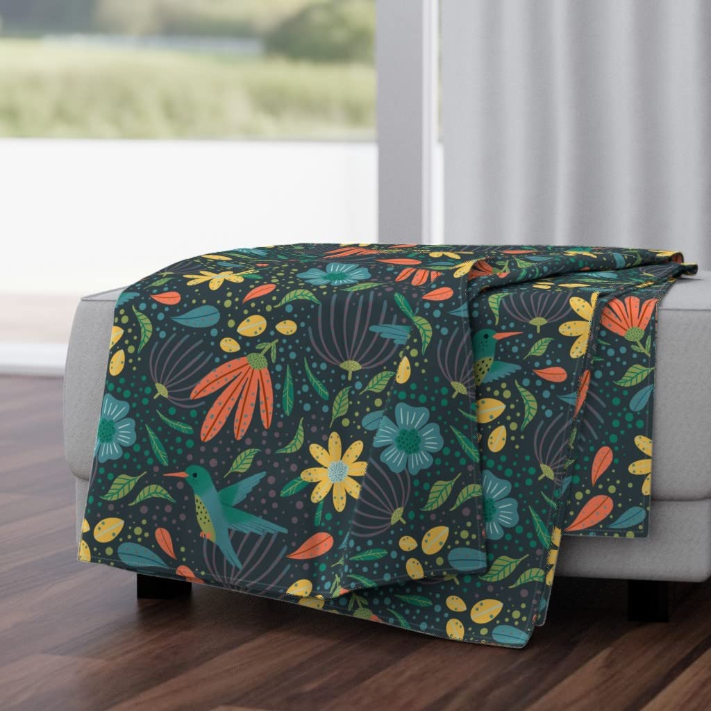 Luxe Velvet Throw Blanket 50x70 Inches - Hummingbird Floral Botanical Design with Hand-Drawn Wildflowers & Birds in Blue Green Colors | Cozy Sofa Blanket, Bed Cover, Home Decor Gift