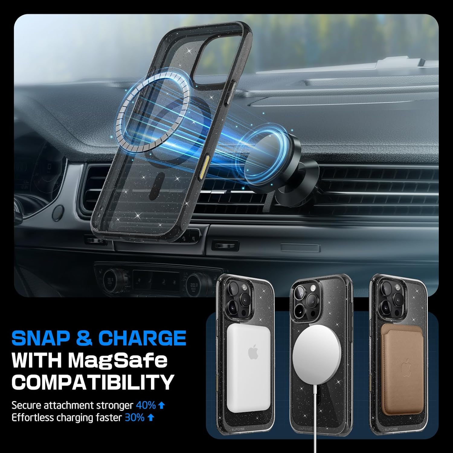 iPhone 16 Pro Case 6.3 Inch - Unicorn Beetle MAG Slim Clear Protective Cover with MagSafe & Camera Control Button | Glitter Black Design | Perfect for Everyday Use, Travel & Outdoor Activities