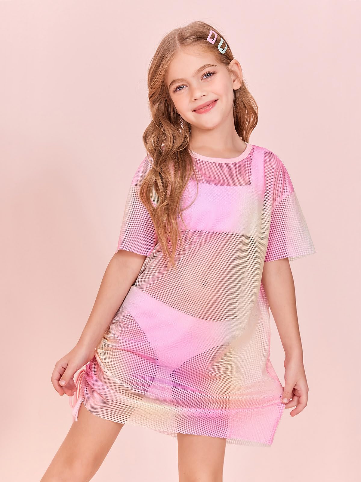 Batermoon Girls Mesh Swim Cover Up - Tie Dye Beach Coverup with Drawstring for Kids Age 5-14 | Lightweight Summer Swimwear for Pool, Beach & Vacation