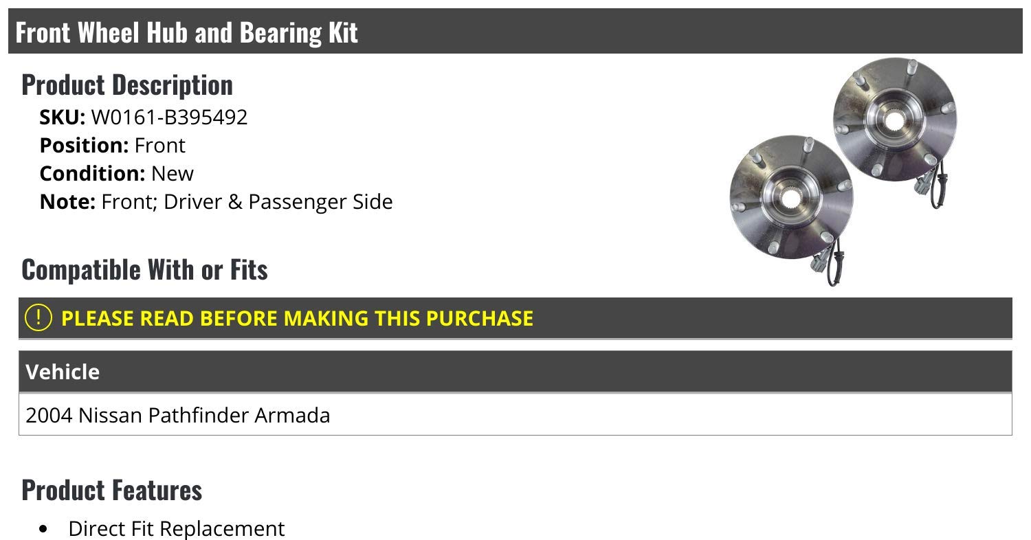 Front Wheel Hub and Bearing Assembly Kit - 2 Piece Set - Fits 2004 Nissan Pathfinder Armada - Perfect for DIY Repairs & Off-Road Vehicle Maintenance