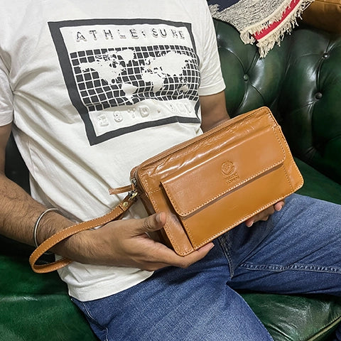 Premium Genuine Leather Men's Clutch Bag - Slim Travel Wallet & Wristlet Handbag for Business, Dating & Night Out