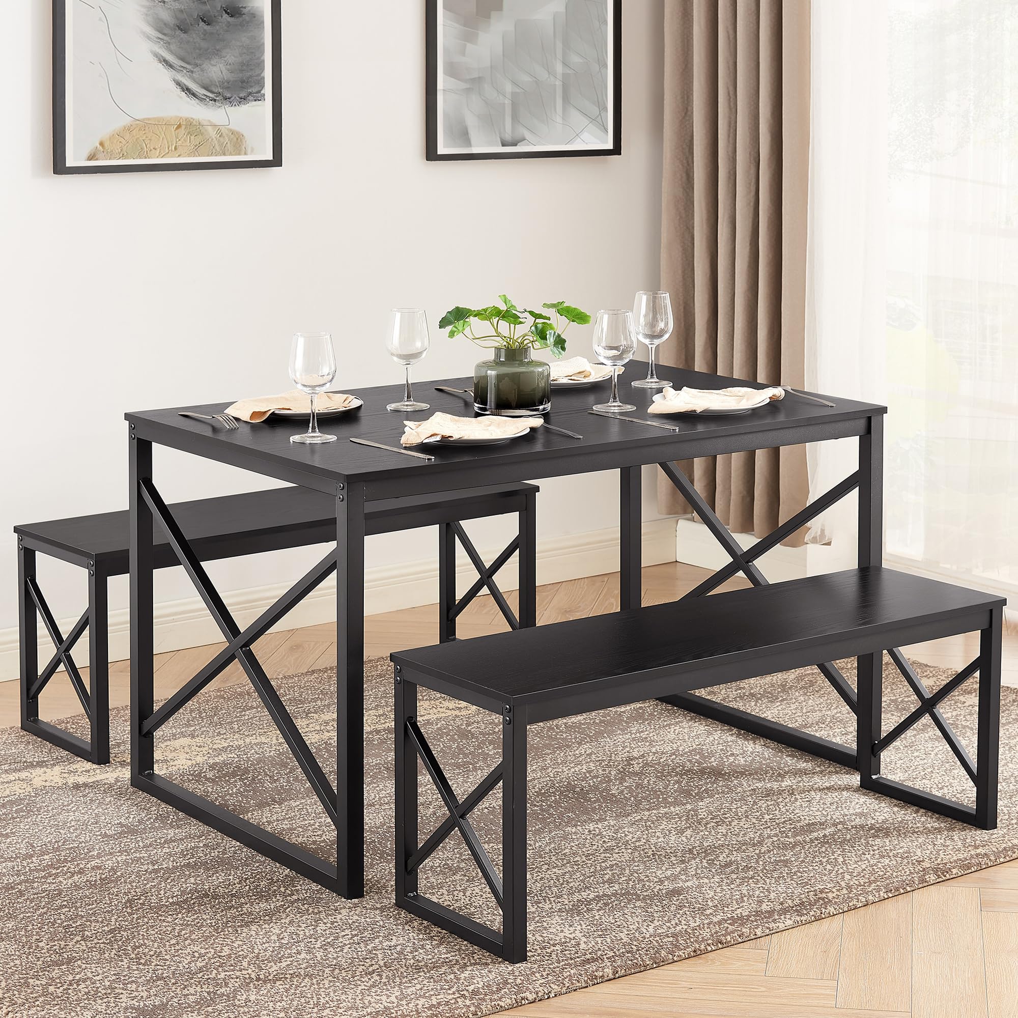 VECELO 4-Person Wood Dining Table Set with 2 Benches, Black Metal Frame Kitchen Table for Small Spaces - Perfect for Breakfast Nook, Apartment Dining & Compact Homes