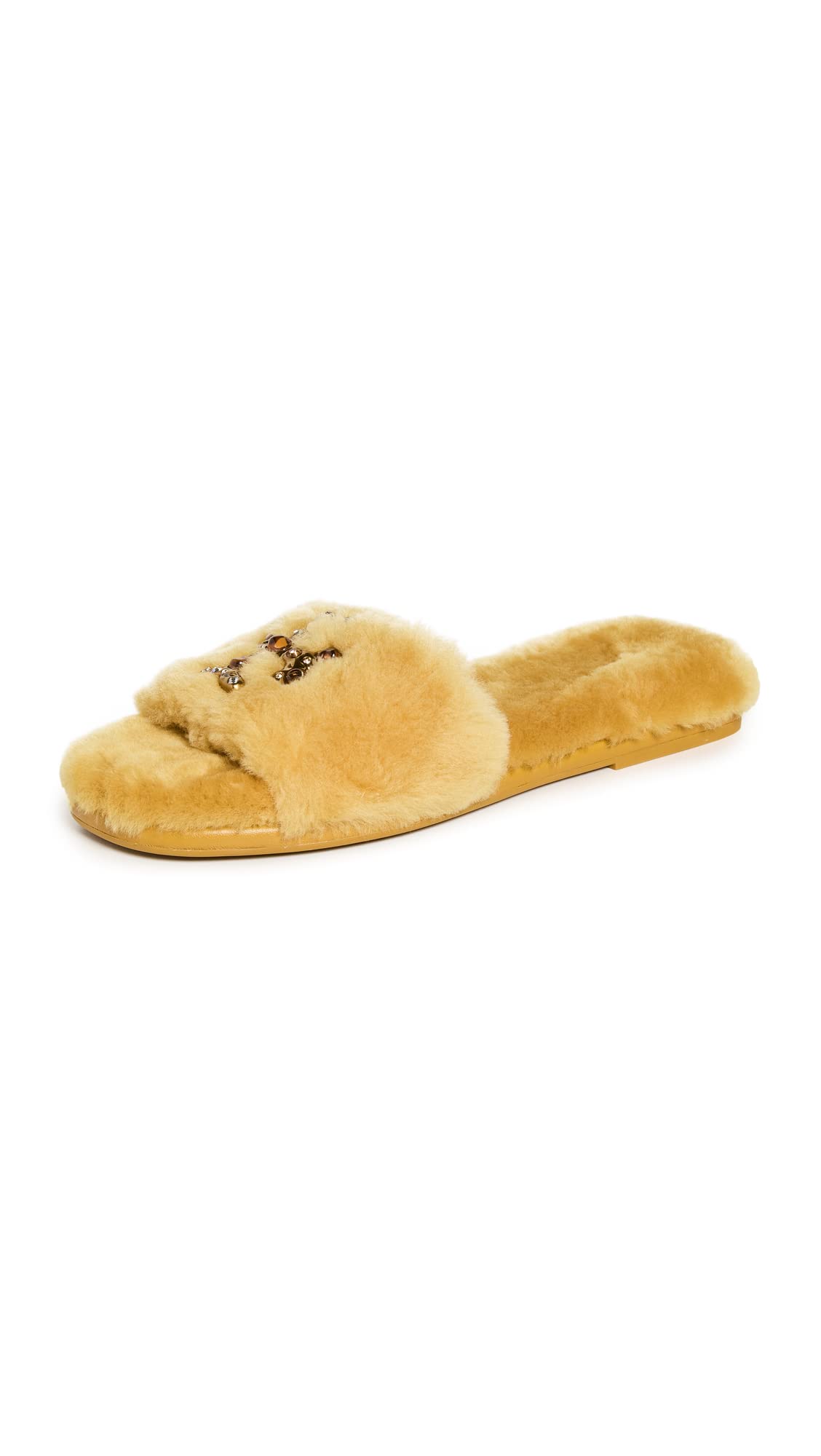 Tory Burch Women's Jeweled Shearling Slides - Honey Yellow, Size 9 Medium US | Luxurious House Slippers for Women, Perfect for Relaxing at Home & Spa Days