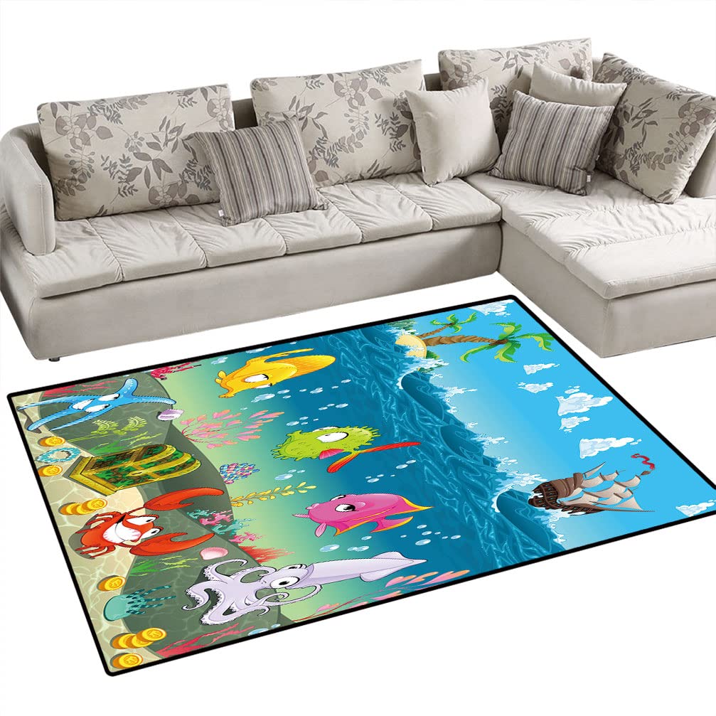Soft Sea Animals Ocean Themed Kids Area Rug with Boat and Trees Cartoon - 6' x 9' Non-Slip Nursery, Bedroom, Living Room & Office Rug for Boys & Girls - Playroom Decor & Floor Mat