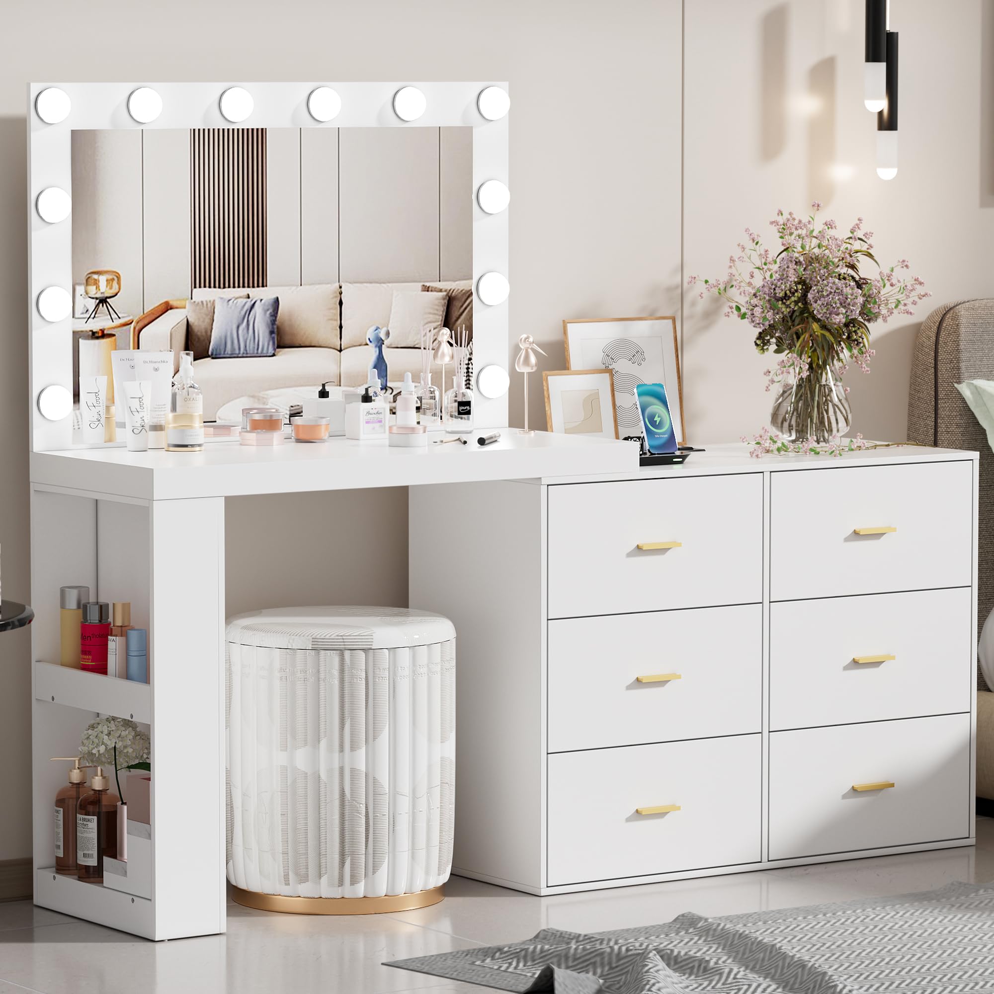 PakaLife Vanity Desk with Mirror, Lights & Charging - 6 Drawers for Bedroom Makeup