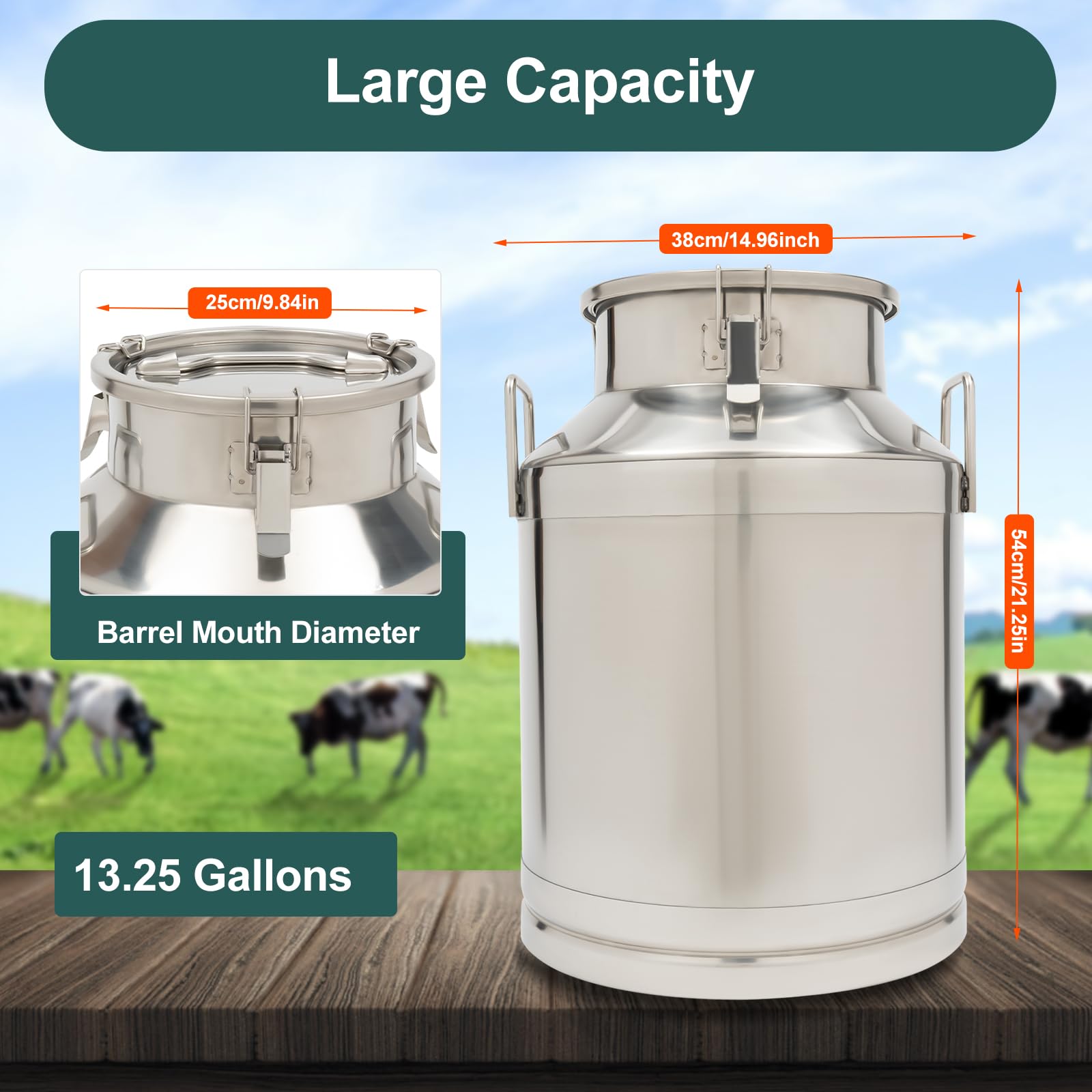 50L (13.25 Gal) Heavy Duty 304 Stainless Steel Milk Can with Sealed Lid - Large Food Grade Storage Container for Milk, Wine, Grains & Cereals - Perfect for Kitchen, Farm, Dairy & Brewing Use