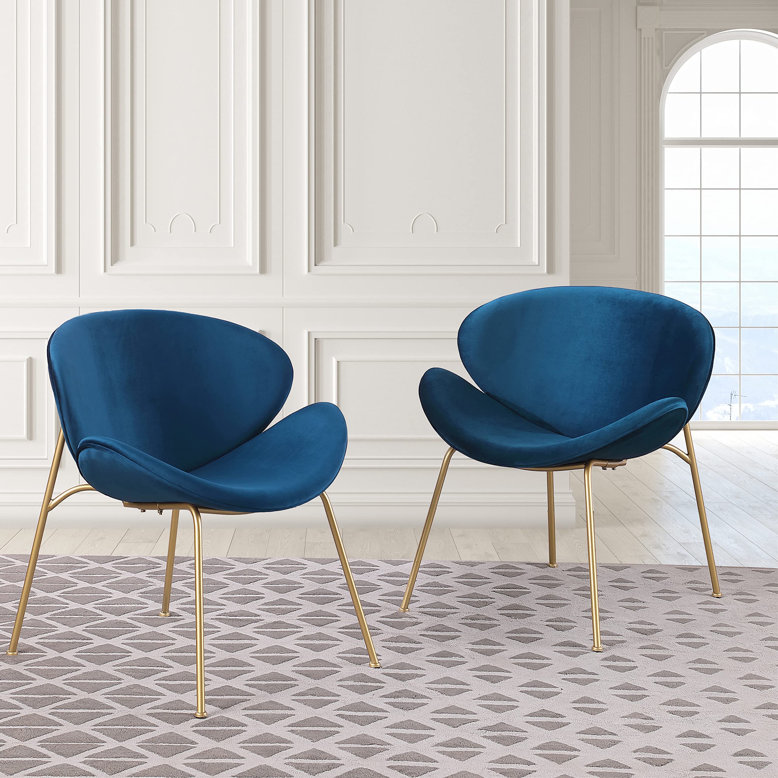 Yoluckea Velvet Vanity Chair Set of 2 - Modern Upholstered Accent Chairs with Gold Metal Legs for Living Room, Bedroom & Makeup Desk | Elegant Arced Seat & Back Design | Perfect for Dining Room, Kitchen & Home Decor (Blue)