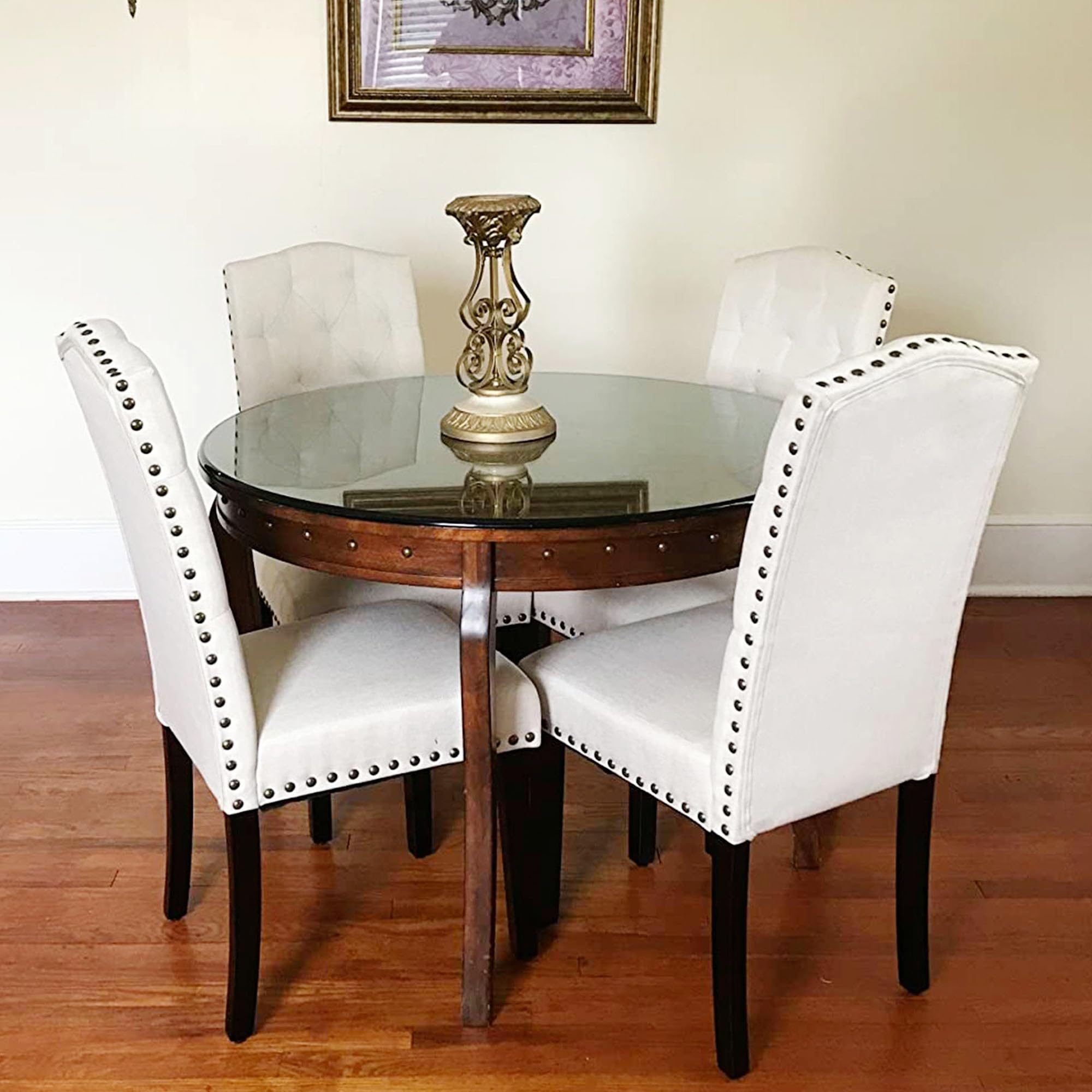 4-Piece Upholstered Dining Chair Set with Nailhead Trim - Modern Armless Kitchen Chairs with Sturdy Wood Legs for Dining Room, Kitchen & Living Room (Beige) - Perfect for Family Gatherings & Dinner Parties