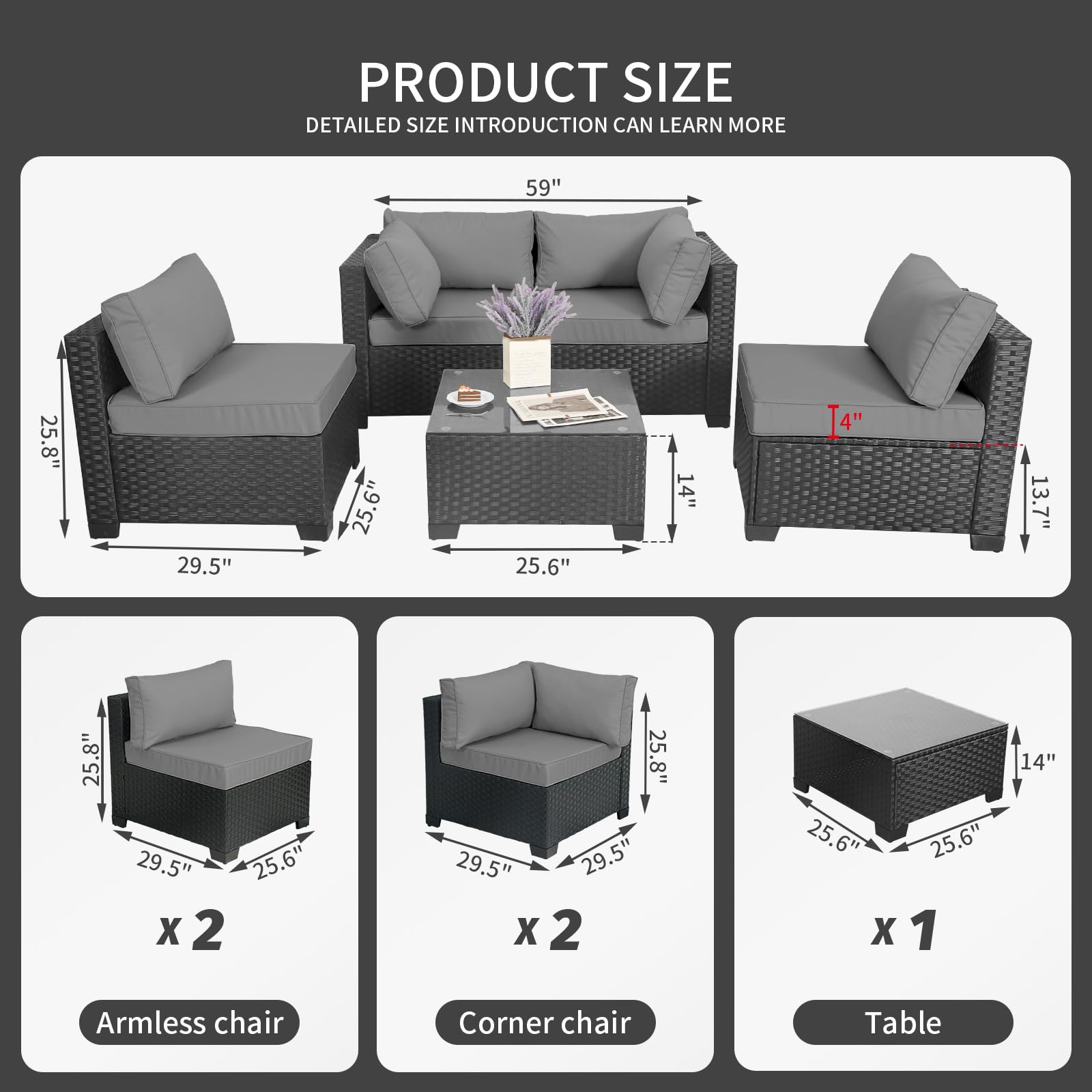Outdoor PE Wicker 5-Piece Patio Furniture Set - Black Rattan Sectional Sofa with Coffee Table & Gray Cushions - Perfect for Garden, Poolside, and Backyard Relaxation