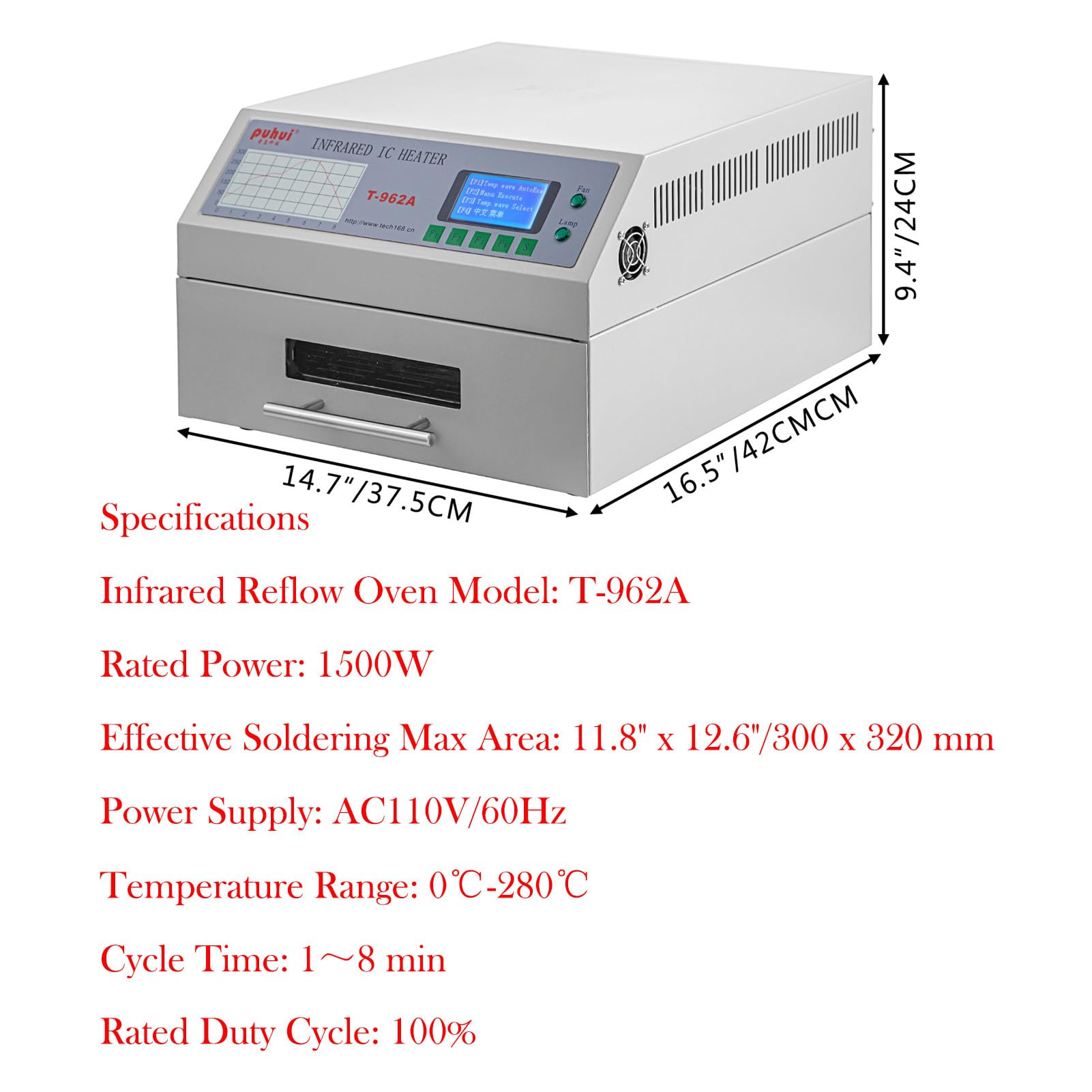 T-962A 1500W Large Body Intelligent Reflow Oven with Hot Air Circulation - Professional SMT Soldering Machine for PCB Assembly, Prototyping & Production Line | Perfect for Electronics Manufacturing, DIY Projects & Repair Workshops