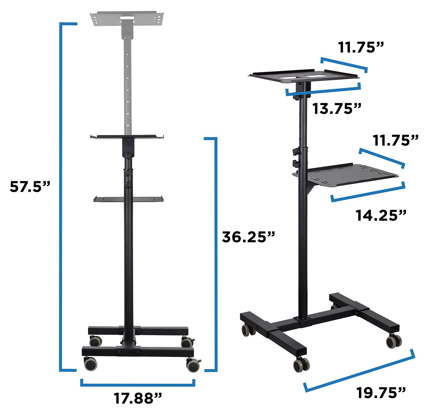 Mount-It! Heavy Duty Adjustable Height Mobile Projector Stand with 2 Shelves & Ventilated Tray - Rolling Laptop & Projector Cart for Office Presentations, Classroom Teaching, Home Theater Setup - Black