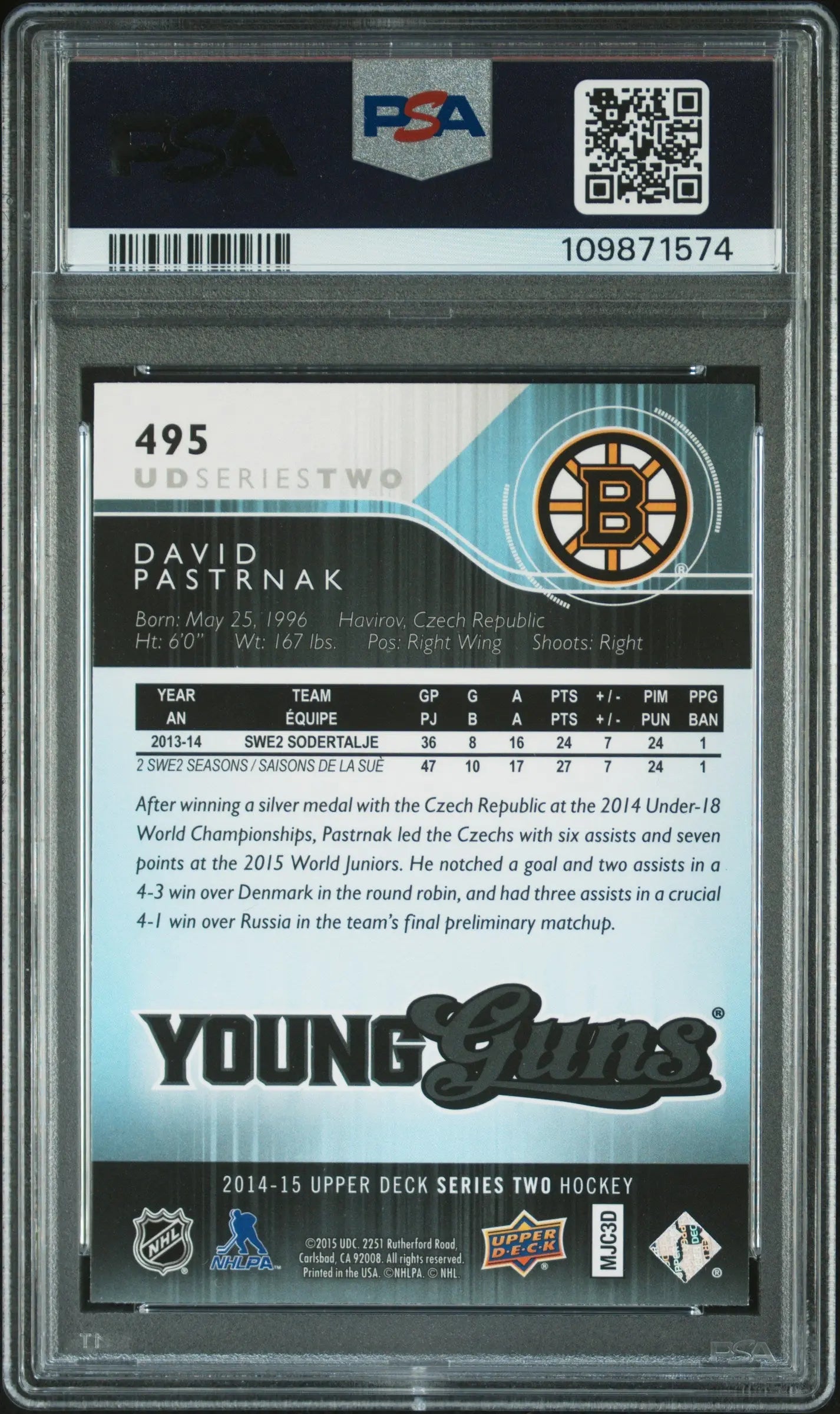 2014-15 Upper Deck Series Two David Pastrnak Young Guns Rookie Card PSA 8 - Perfect for Hockey Collectors & NHL Fans