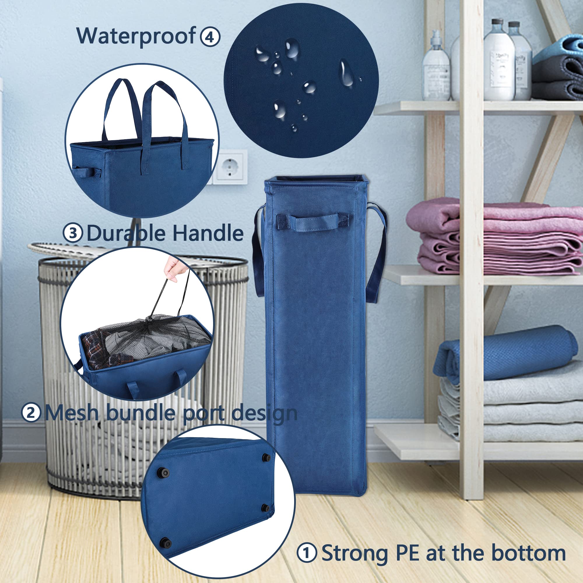 Odonata Slim Collapsible Laundry Hamper with Handles - 45L Foldable Dirty Clothes Basket, Narrow Space-Saving Laundry Bag for Small Spaces (Navy Blue) - Perfect for Apartments, Dorms, and Tight Spaces